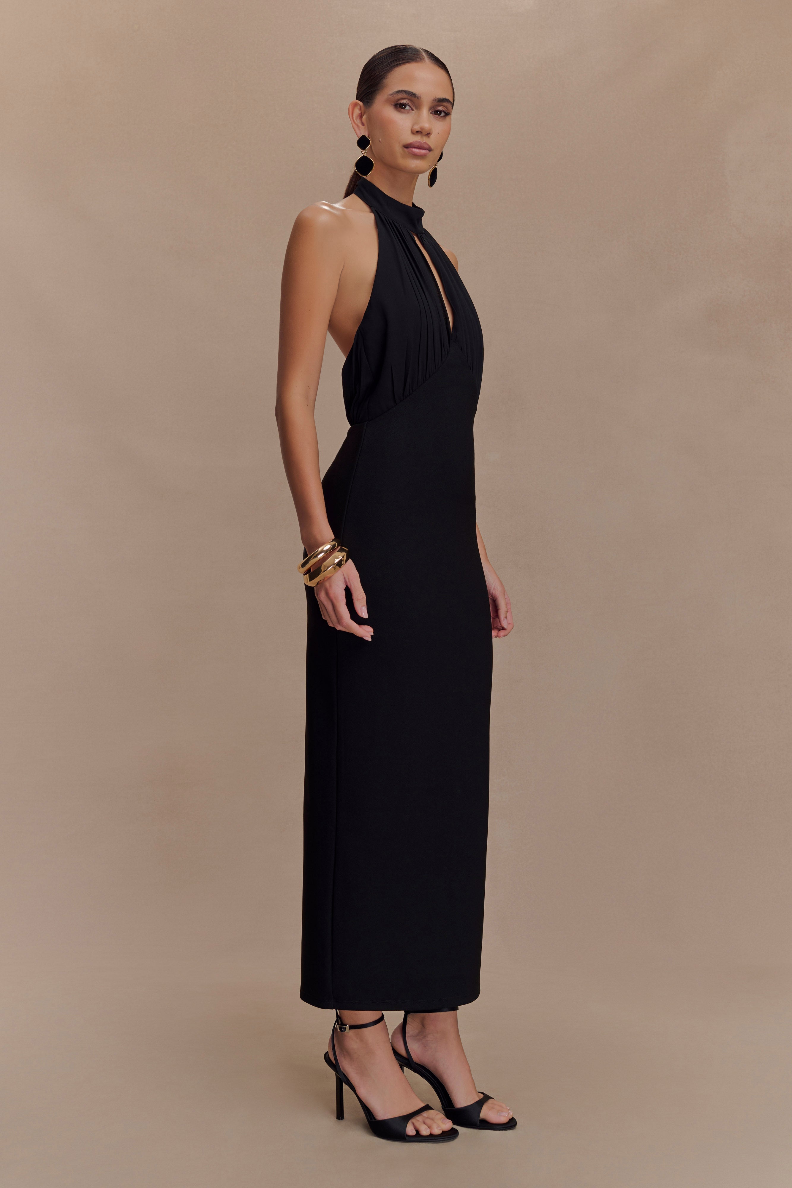 Mierah Halter Midi Dress With Hardware - Black