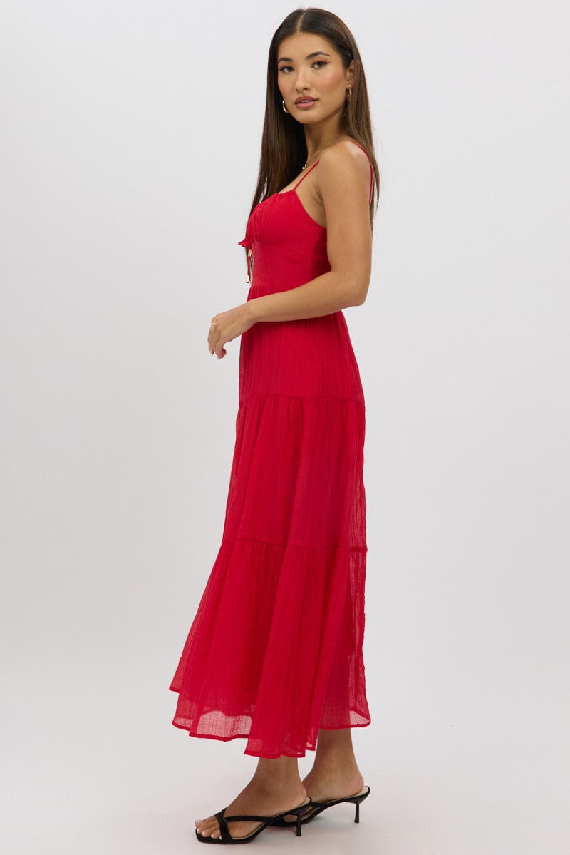 Red Midi Dress Tiered Strappy