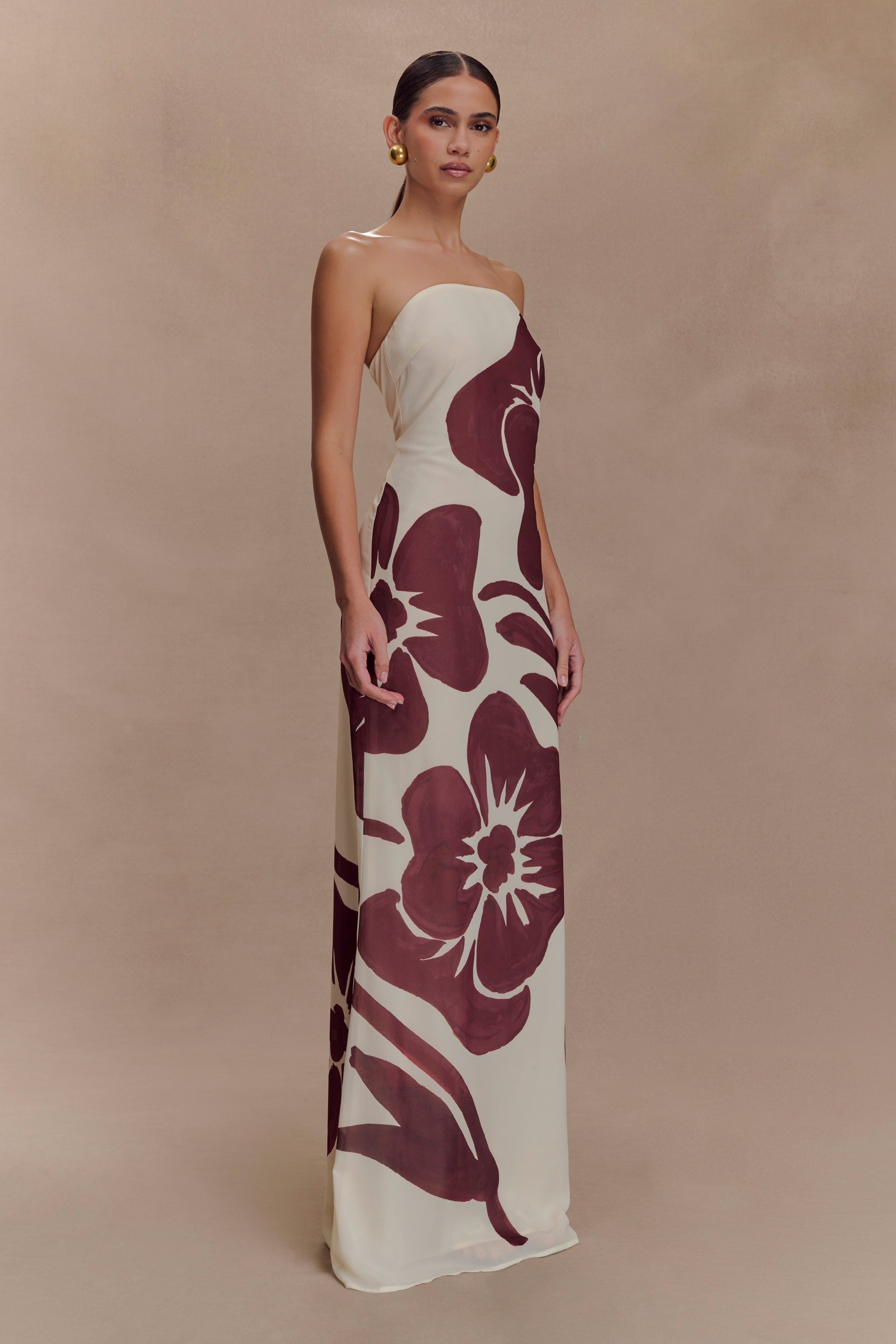 Amaya Strapless Chiffon Maxi Dress - Chocolate Deco Fleur Print