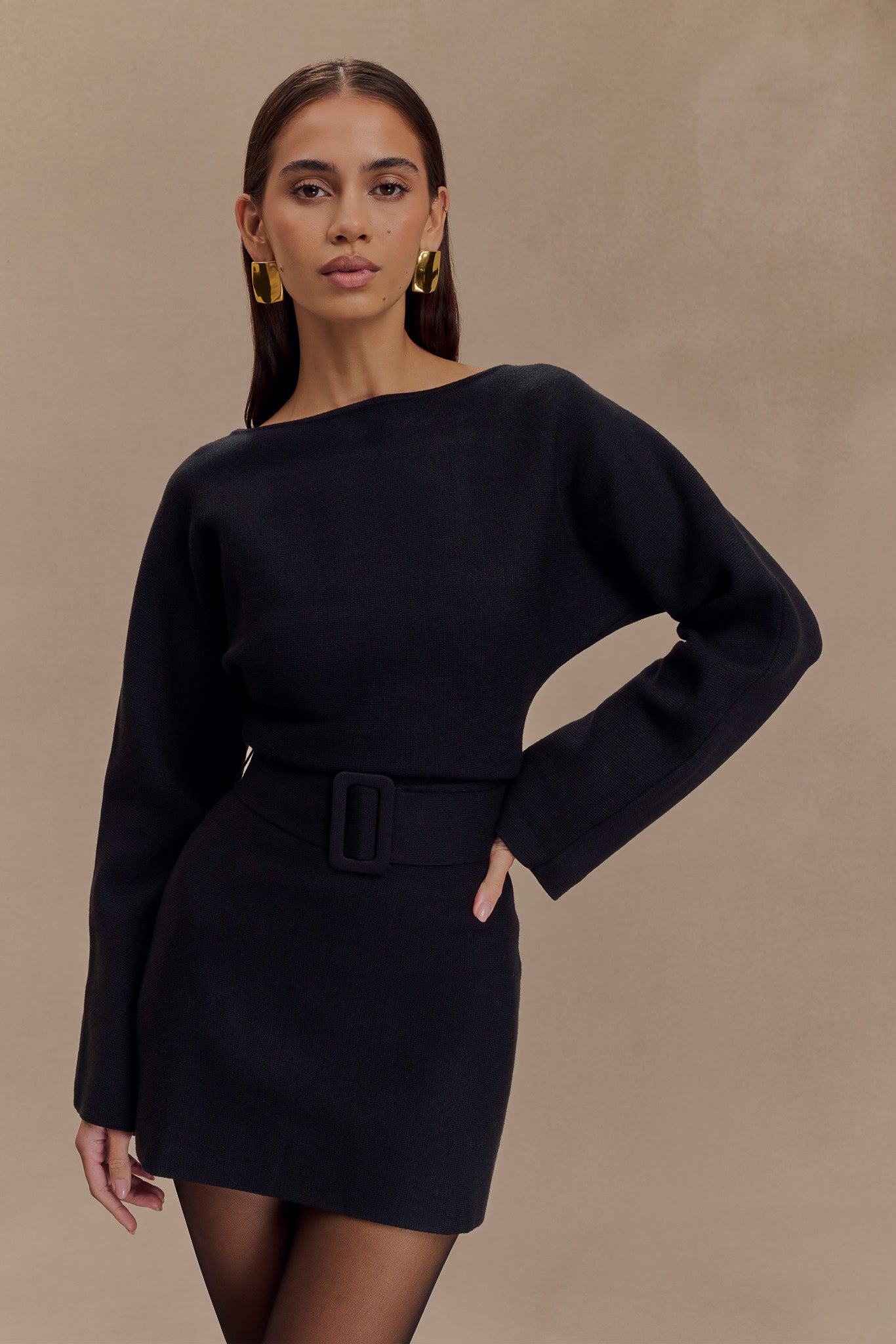 Kassie Belt Tie Knit Mini Dress - Black