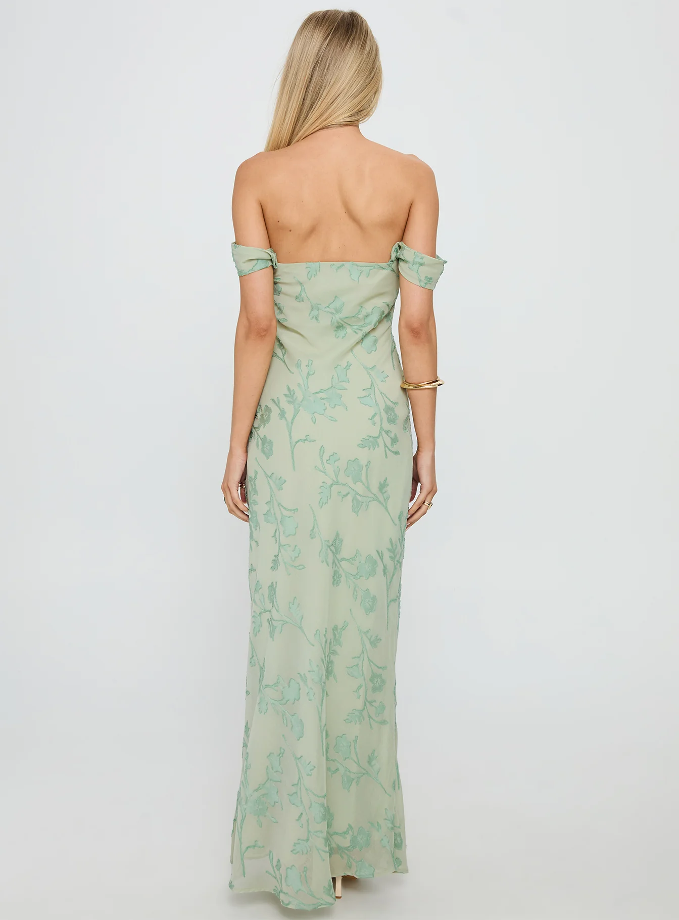 Azura Off The Shoulder Maxi Dress Green Burnout