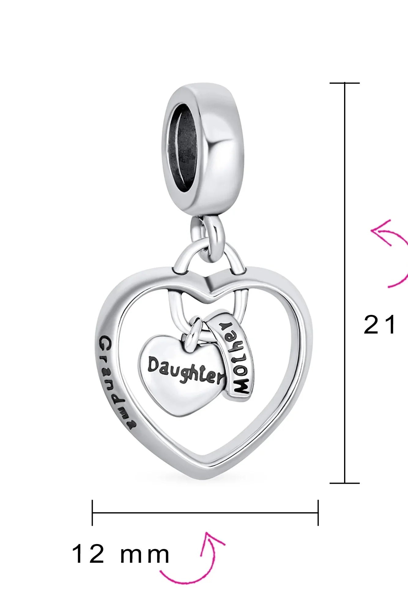 Grandma Mother Word Heart Shape Dangle Bead Charm Sterling Silver