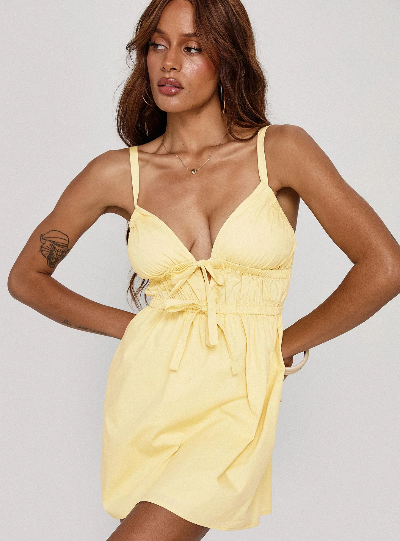 Viviette Ruched Mini Dress Lemon