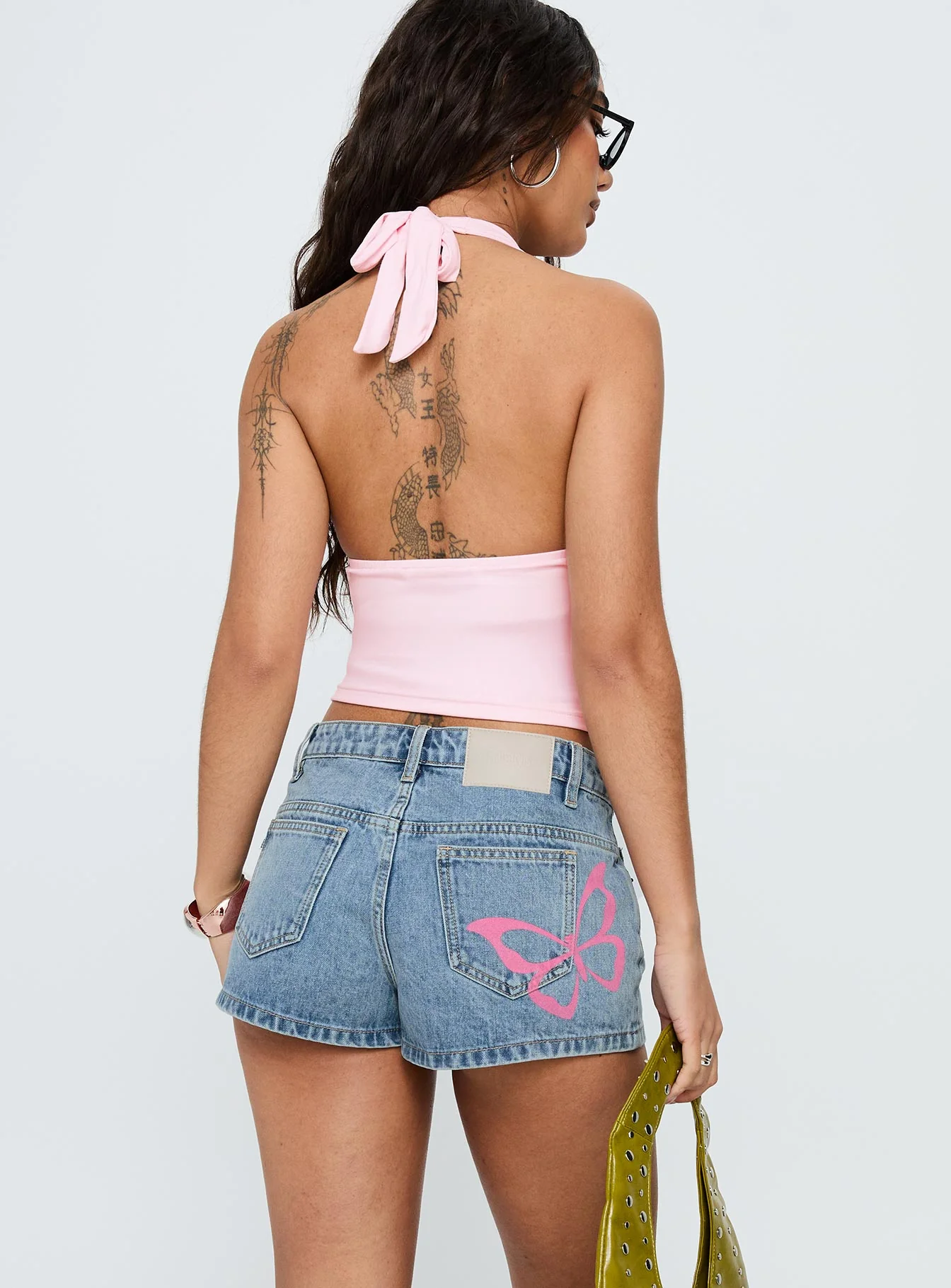 Fly Butterfly Mid Rise Denim Shorts Mid Blue Wash