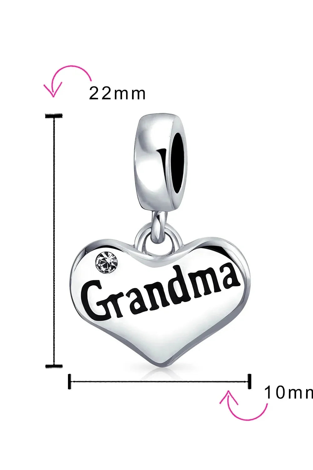 Grandma Mother Word Heart Shape Dangle Bead Charm Sterling Silver