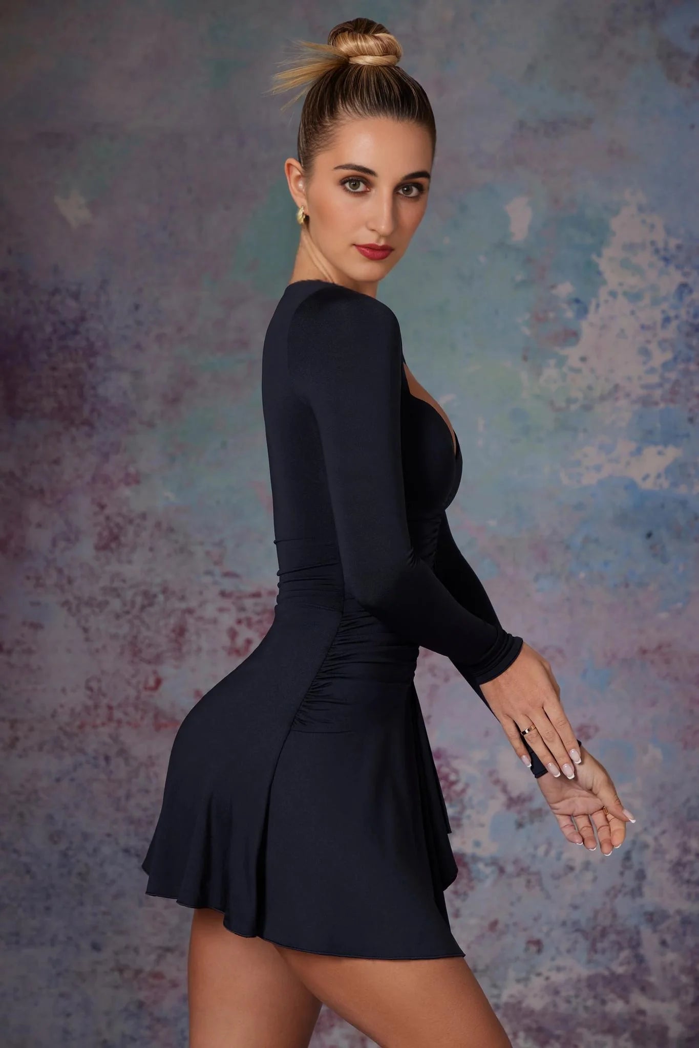 Long Sleeve Waterfall Skirt Mini Dress in Midnight Black