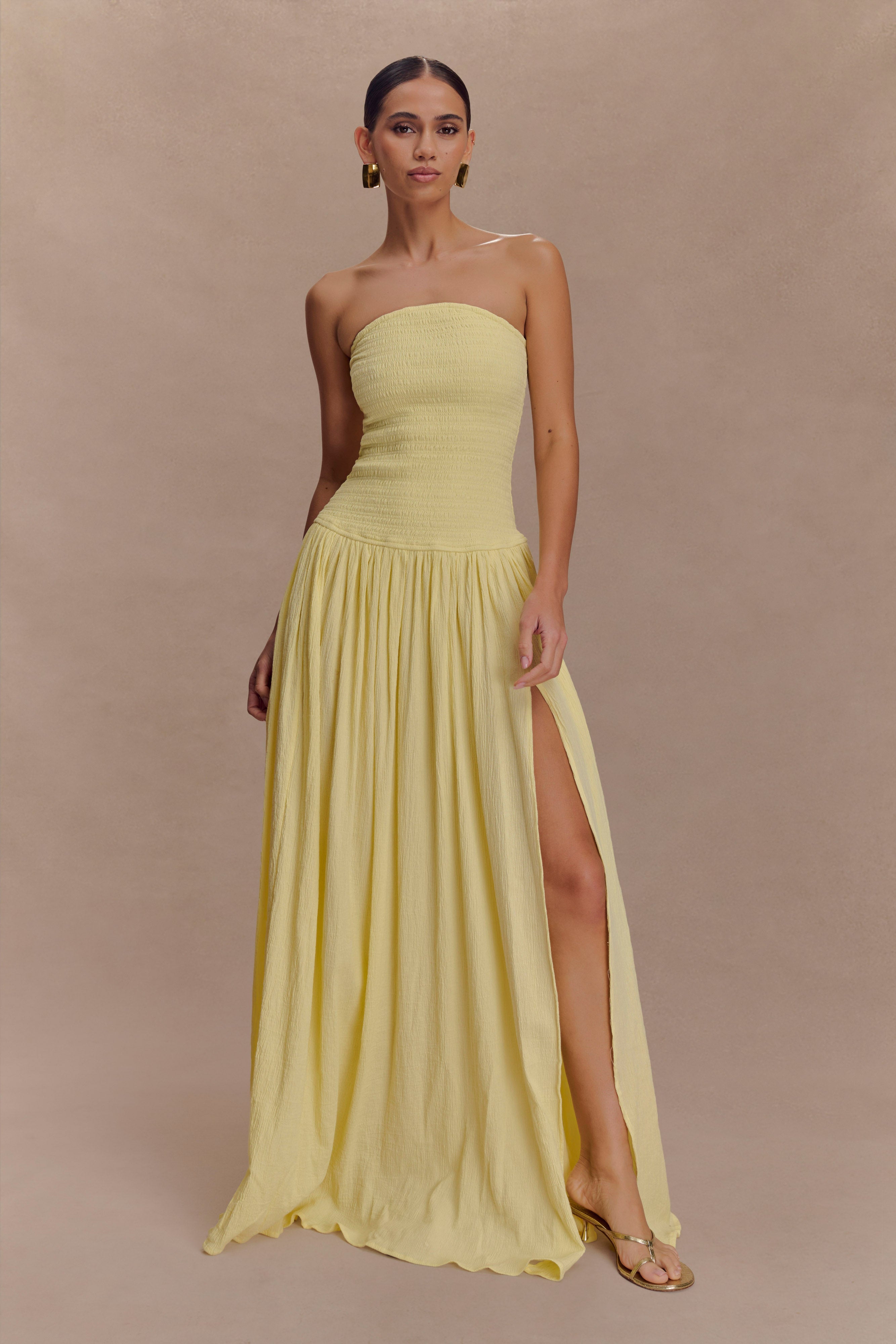 Maureen Cotton Shirring Maxi Dress - Lemon