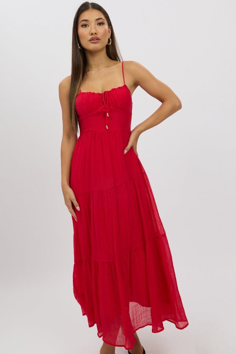 Red Midi Dress Tiered Strappy