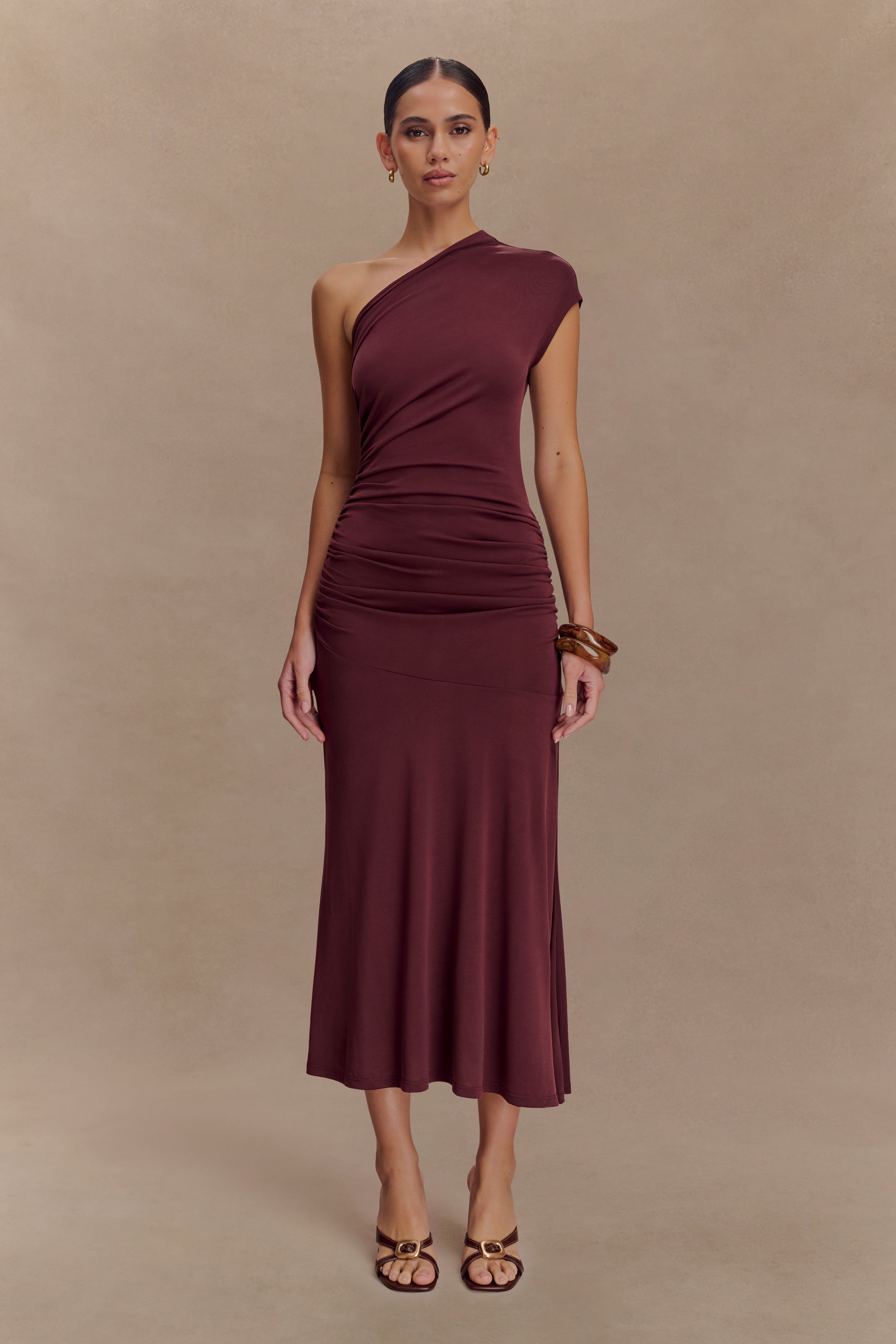 Chloe Peached Jersey One Shoulder Midi Dress - Mahogany