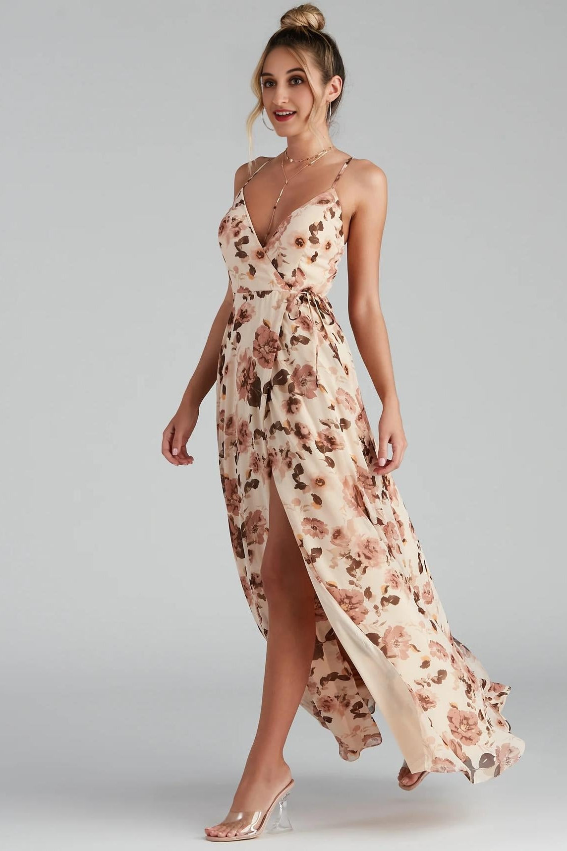 Erika Floral Chiffon Wrap A-Line Formal Dress