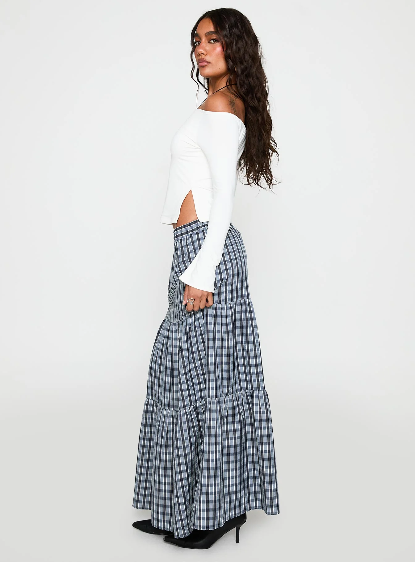 Rockwell Tiered Midi Skirt Navy Check