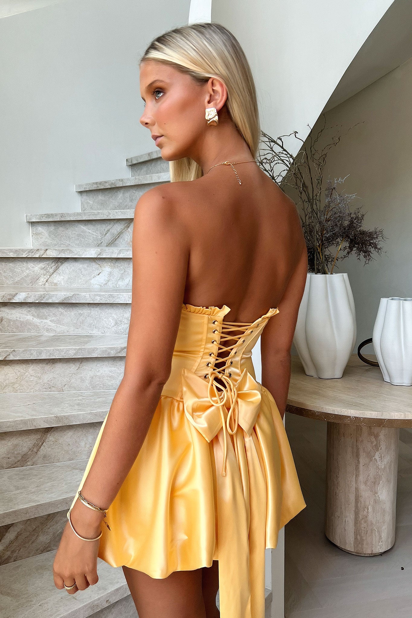 Beauty Strapless Satin Dress - Yellow