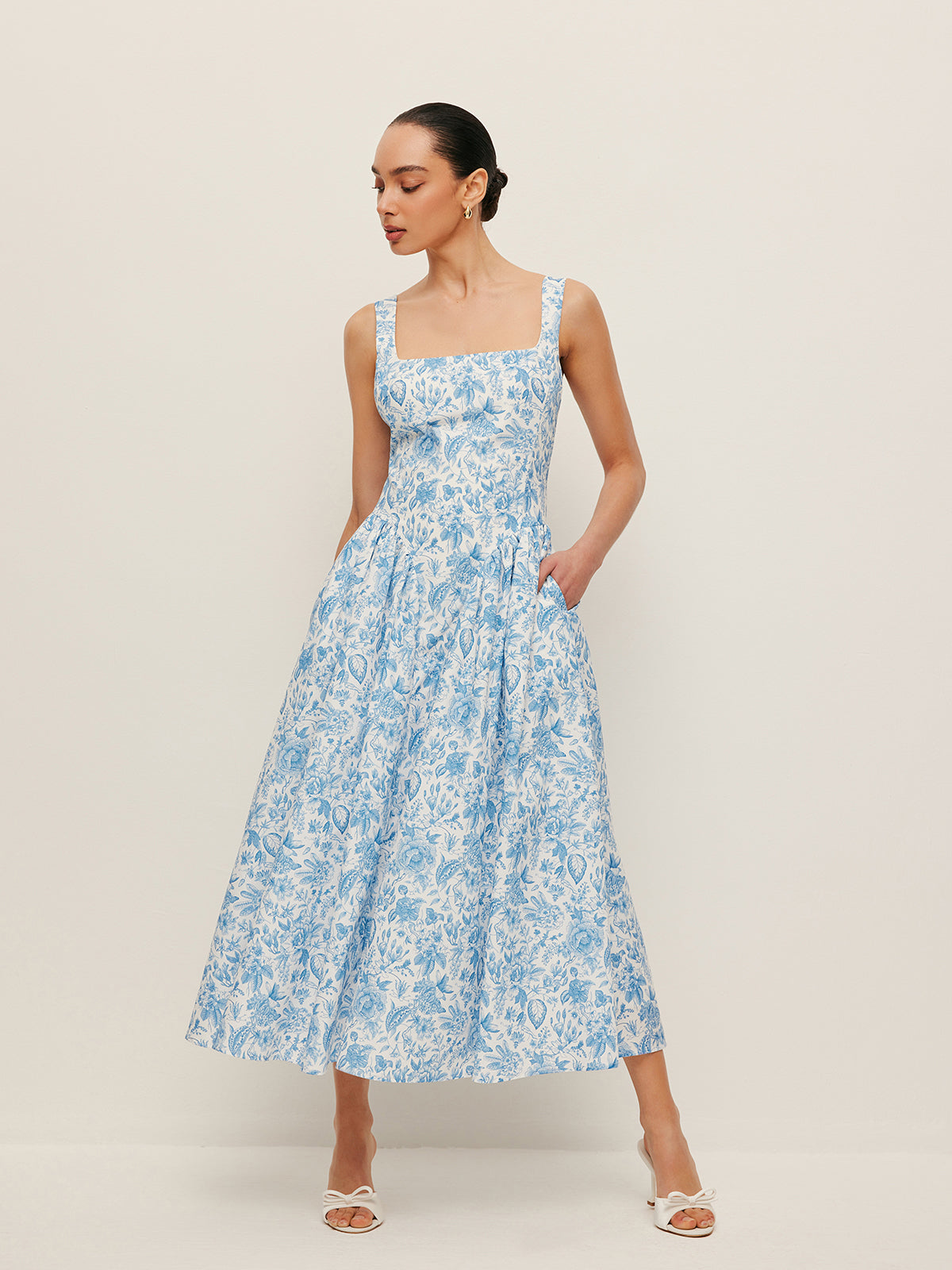 Square-Neck Printed Dress With Pockets