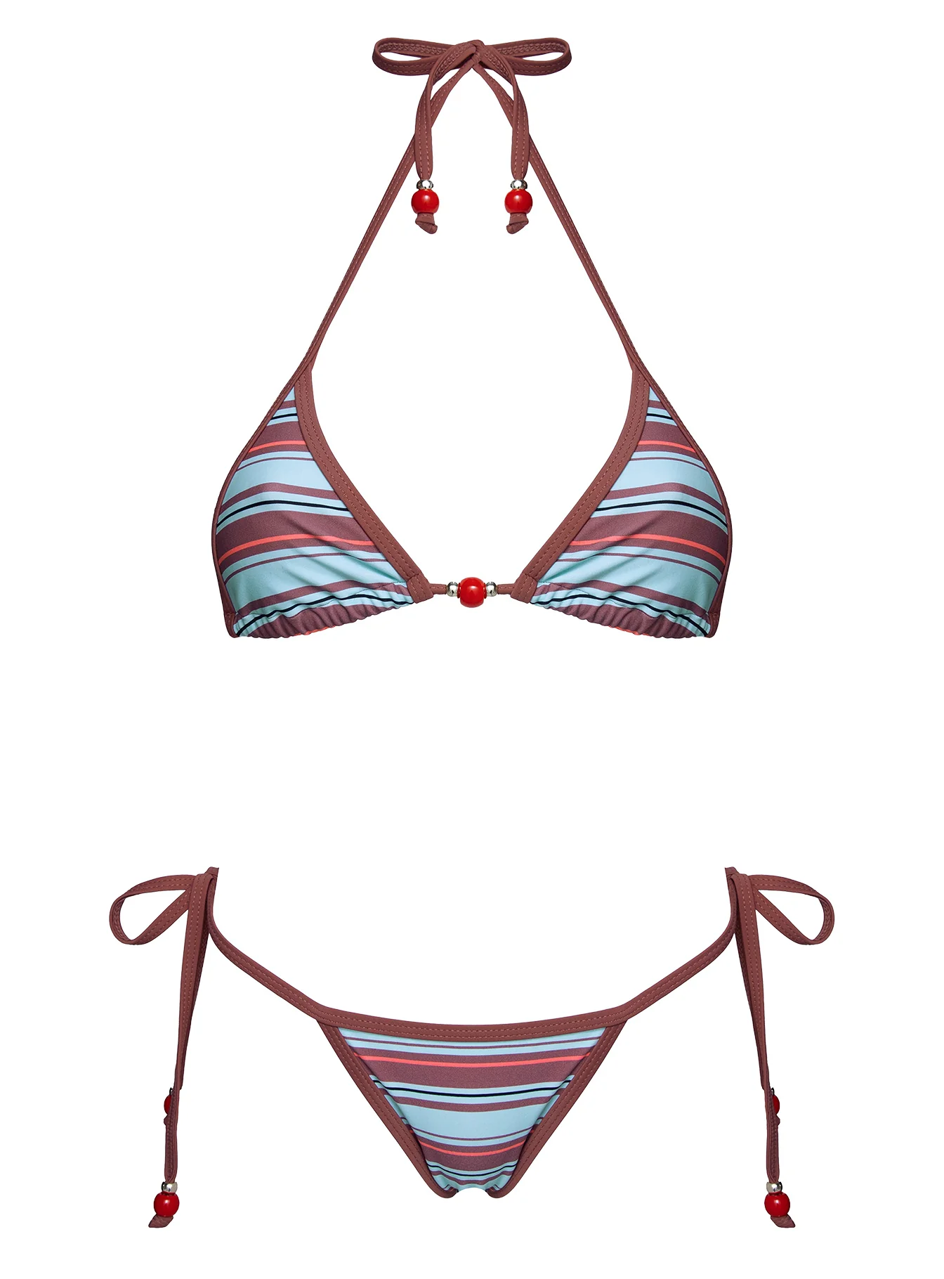 Mikaya Beaded Triangle Bikini Top Blue / Brown Stripe