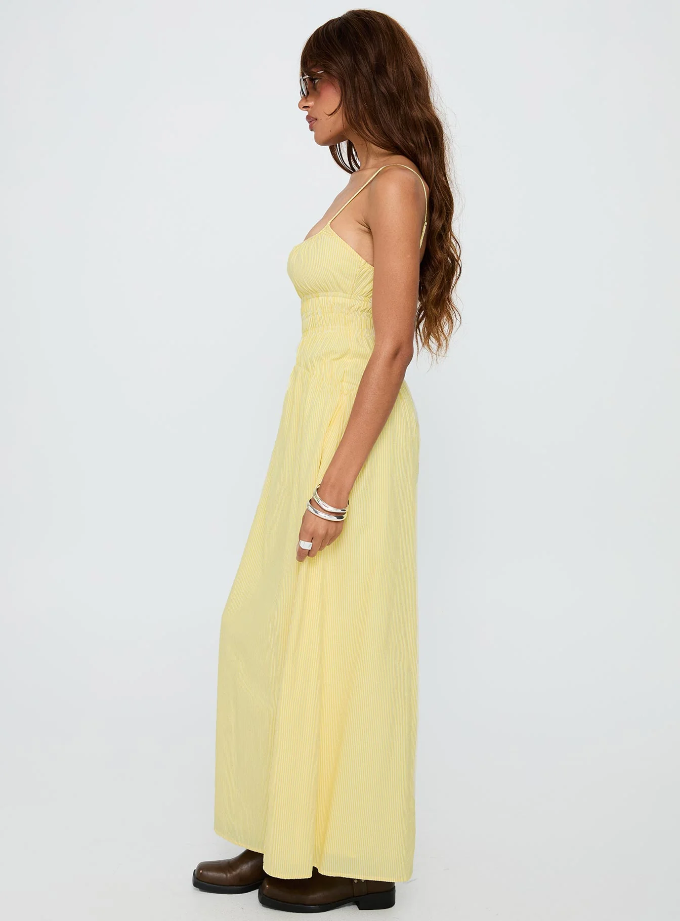 Magnolie Shirred Maxi Dress Yellow Stripe