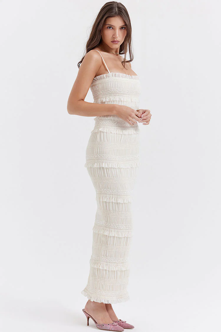 Luxury Layered Ruffle Spaghetti Strap Smocked Pleated Evening Maxi Dress - Ivory