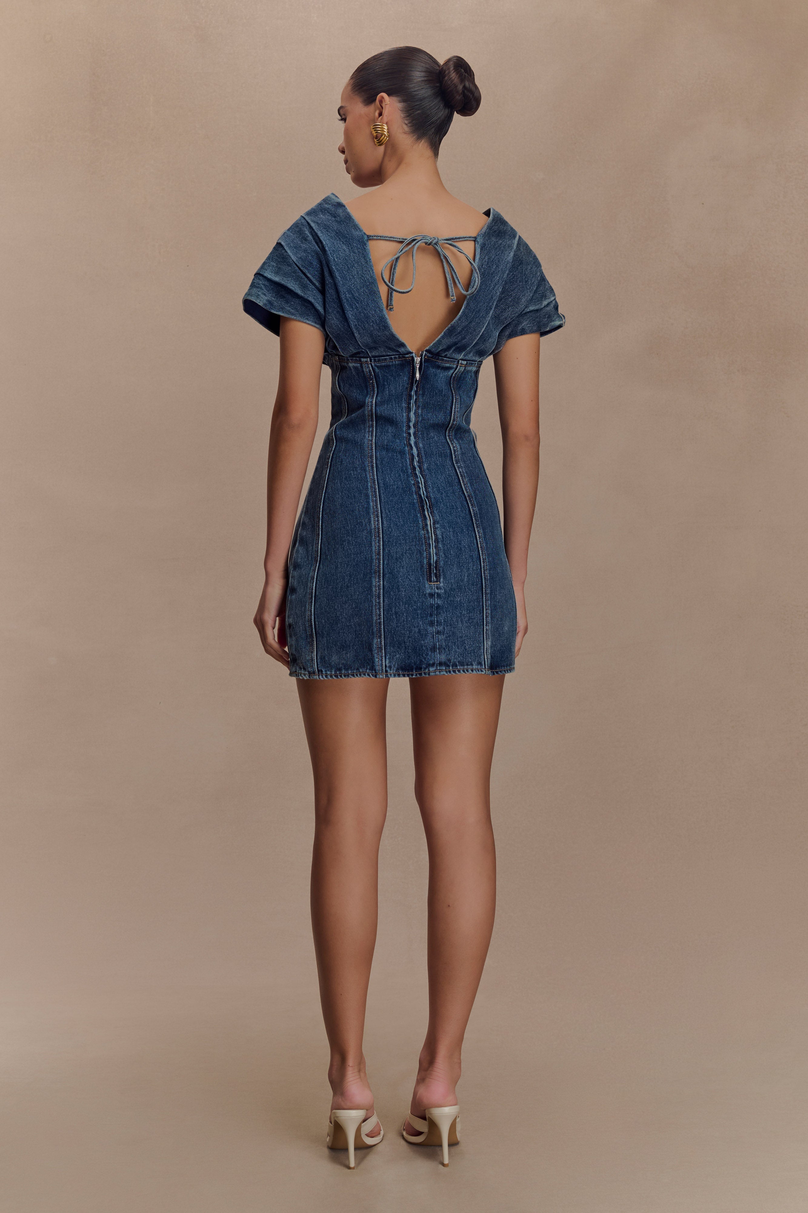 Pascale Off Shoulder Denim Mini Dress - Washed Dark Blue