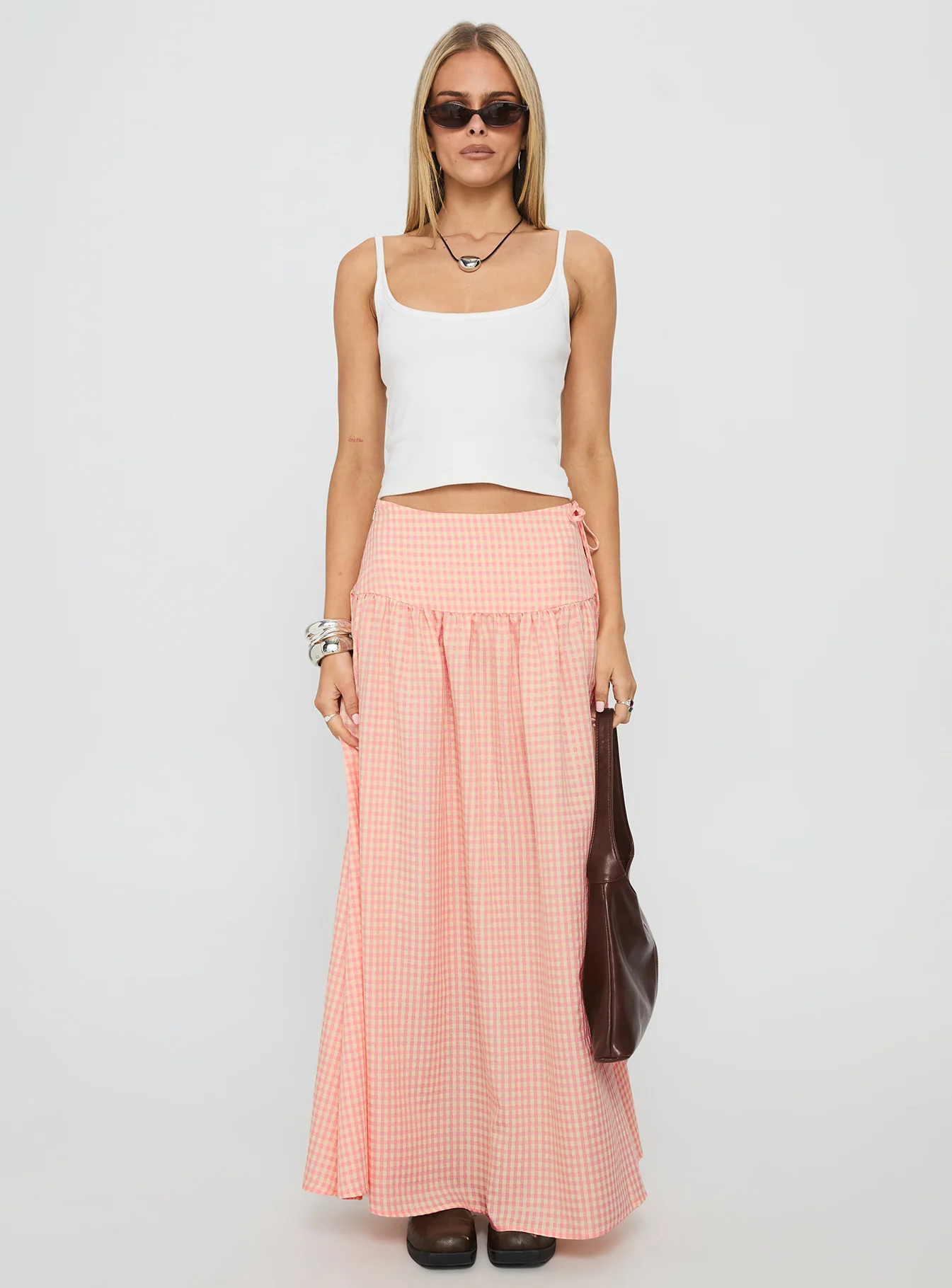 Analeah Tie Side Midi Skirt Orange Check