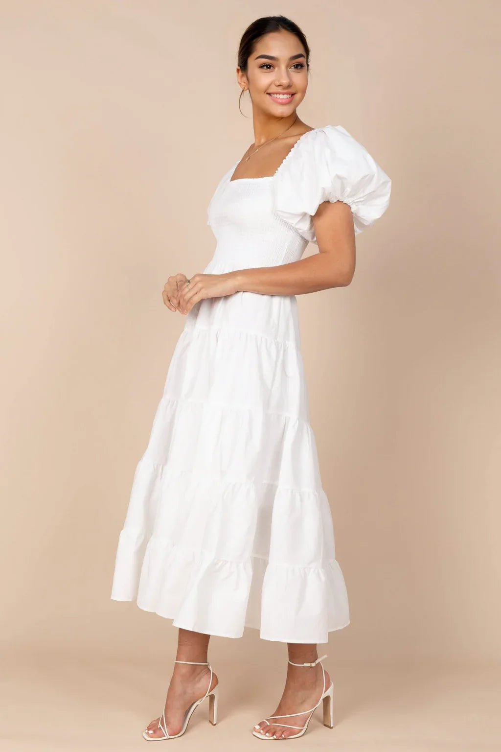 Annette Puff Sleeve Shirred Midi Dress - White