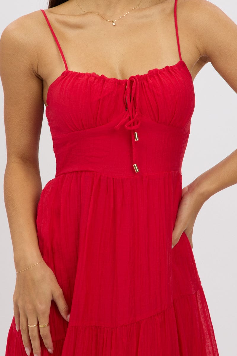 Red Midi Dress Tiered Strappy