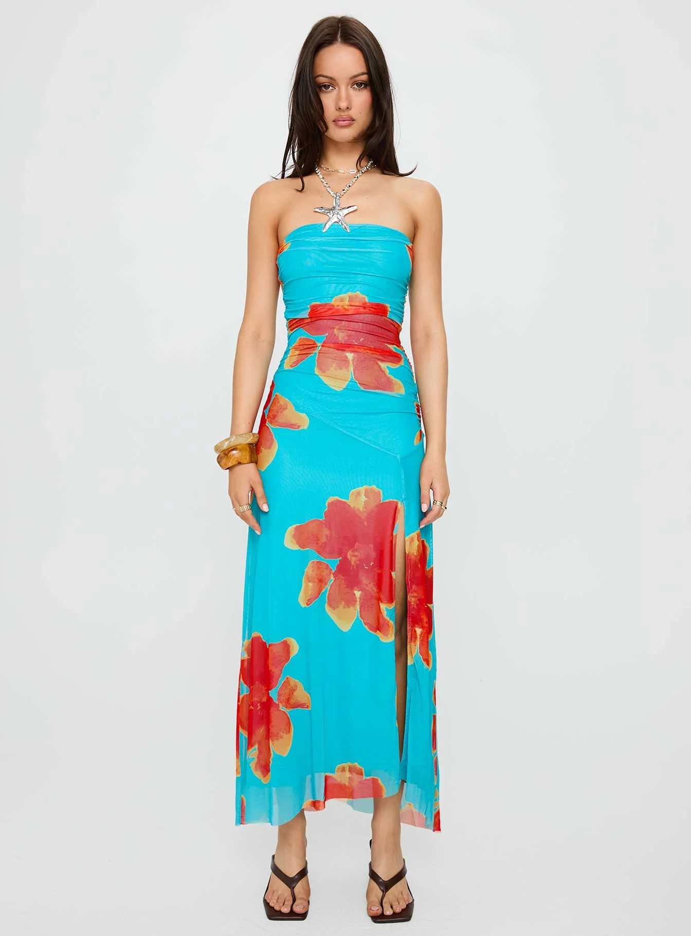 Katara Strapless Maxi Dress Blue / Orange Floral