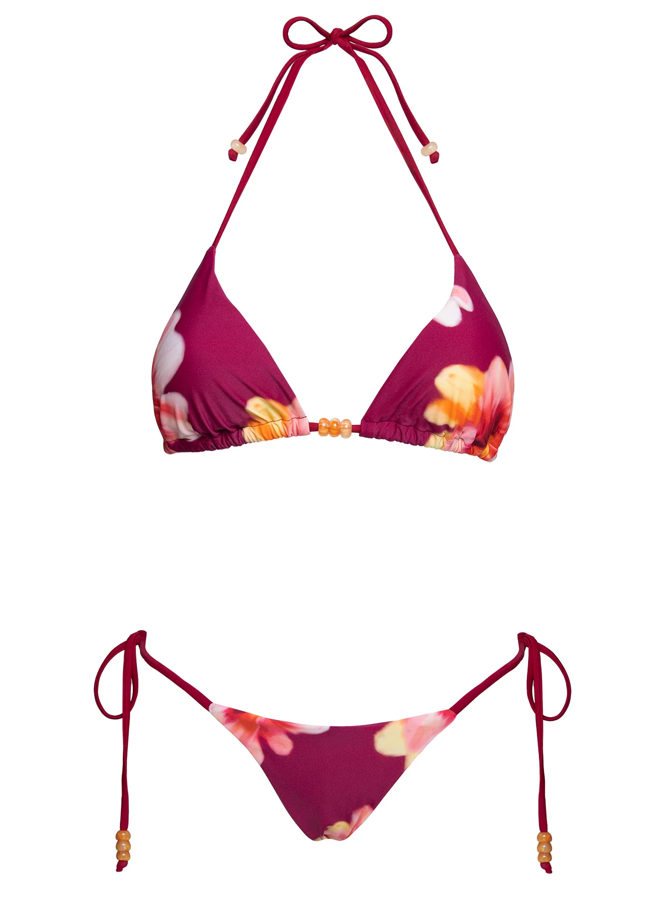 Maki Beaded Tie Side Bikini Bottoms Burgundy Floral