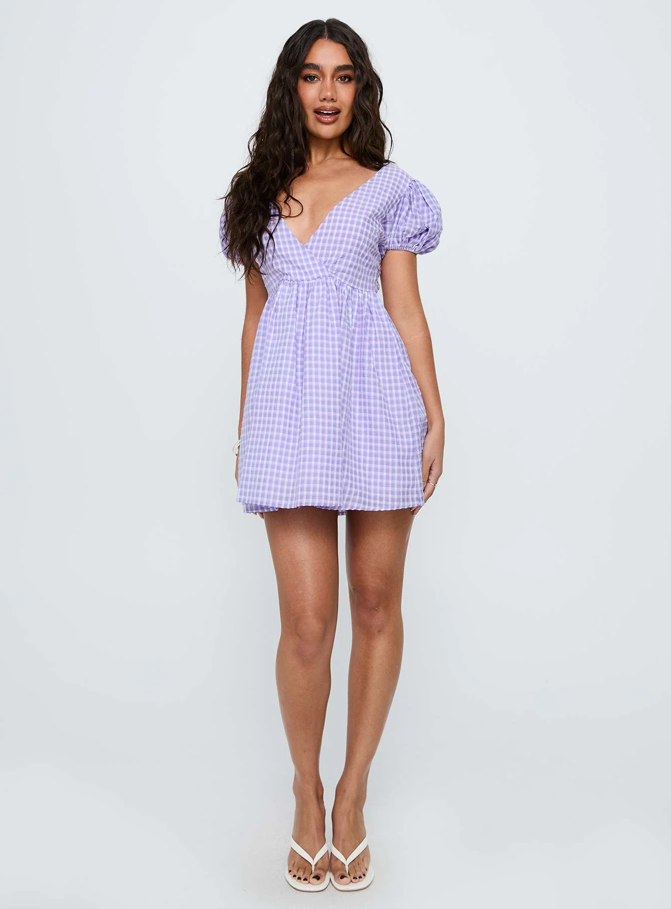 Chavelle Puff Sleeve Mini Dress Purple Check