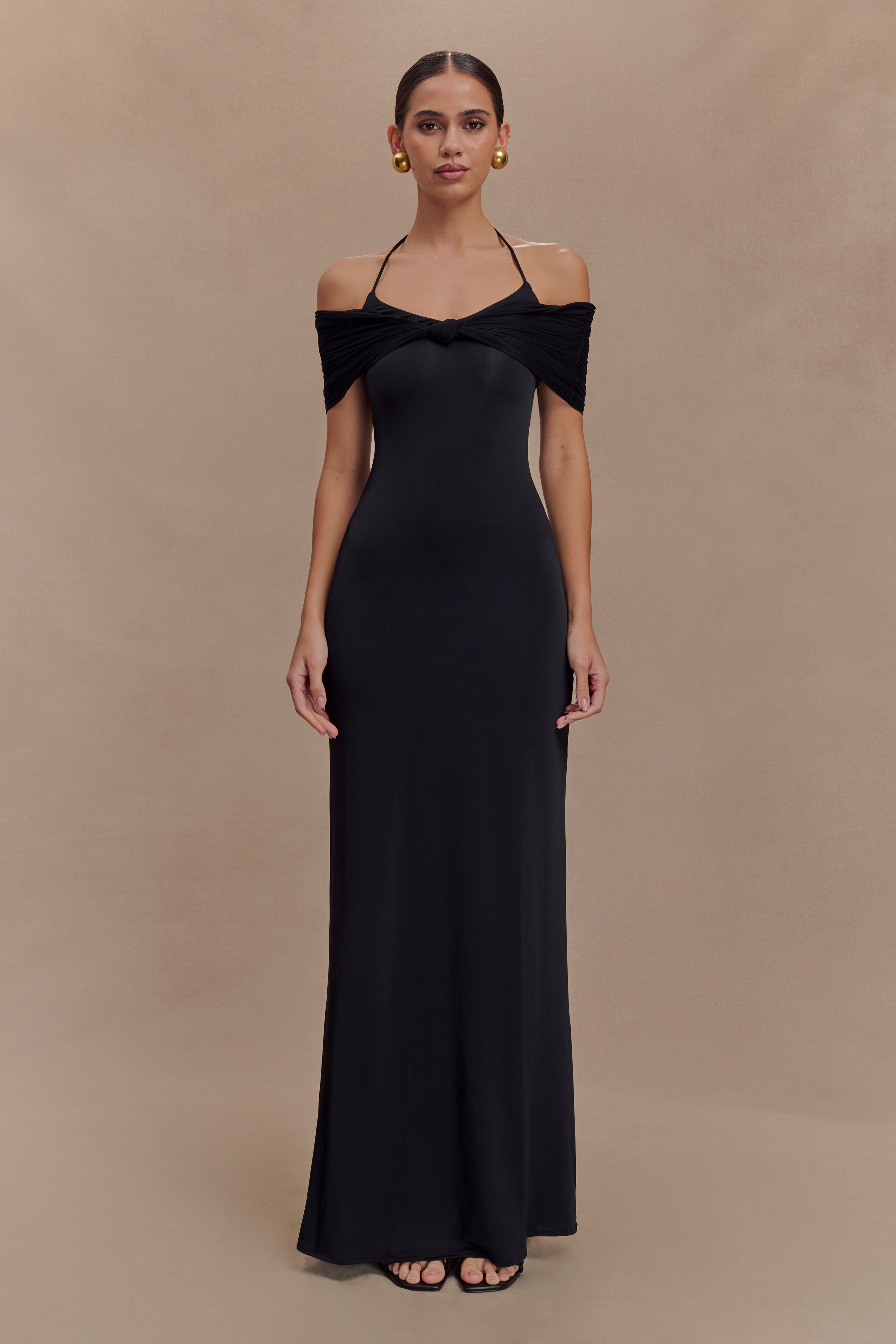 Bernadina Mesh And Slinky Halter Maxi Dress - Black
