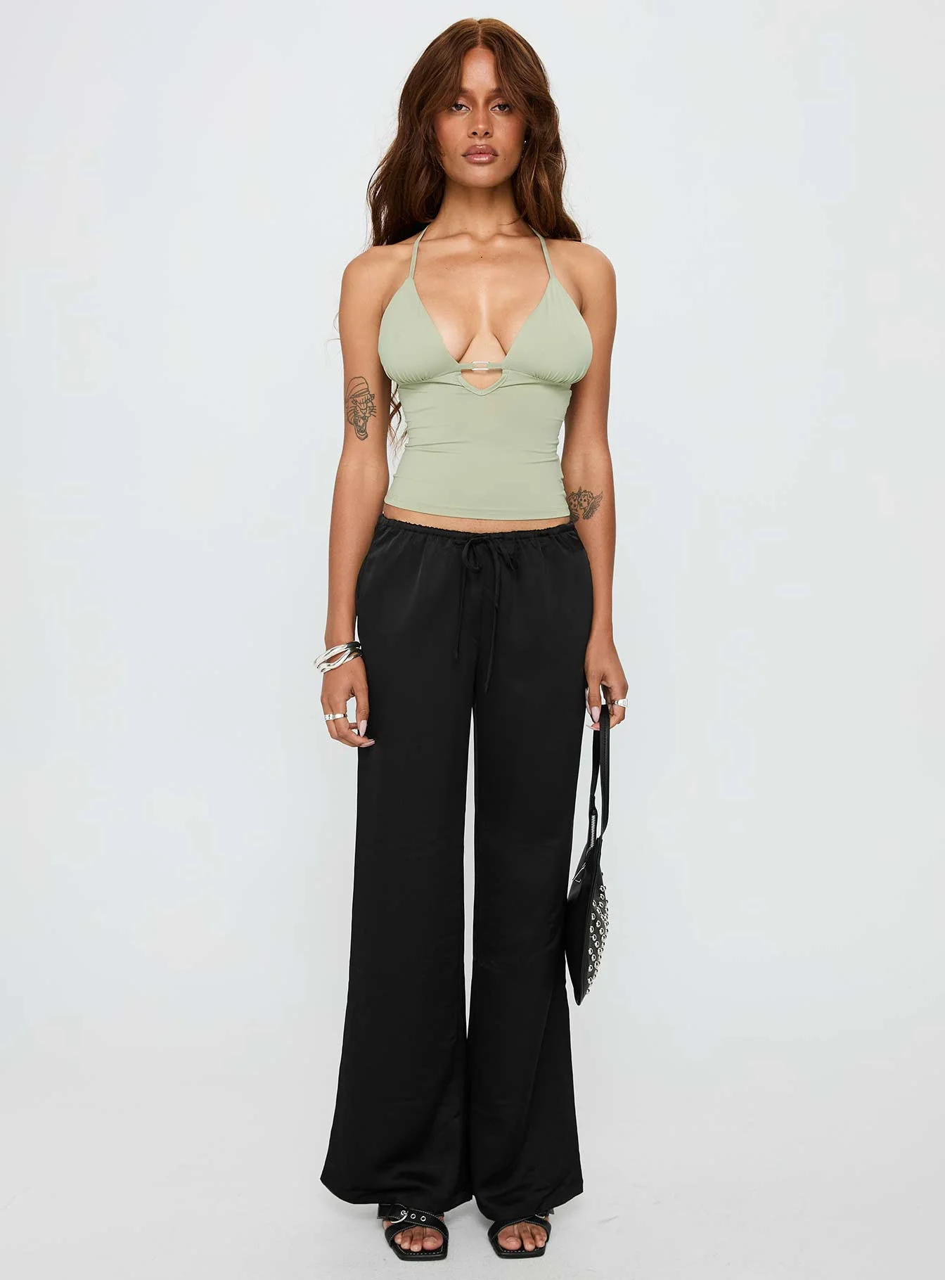 Vanille Tie Waist Satin Pants Black
