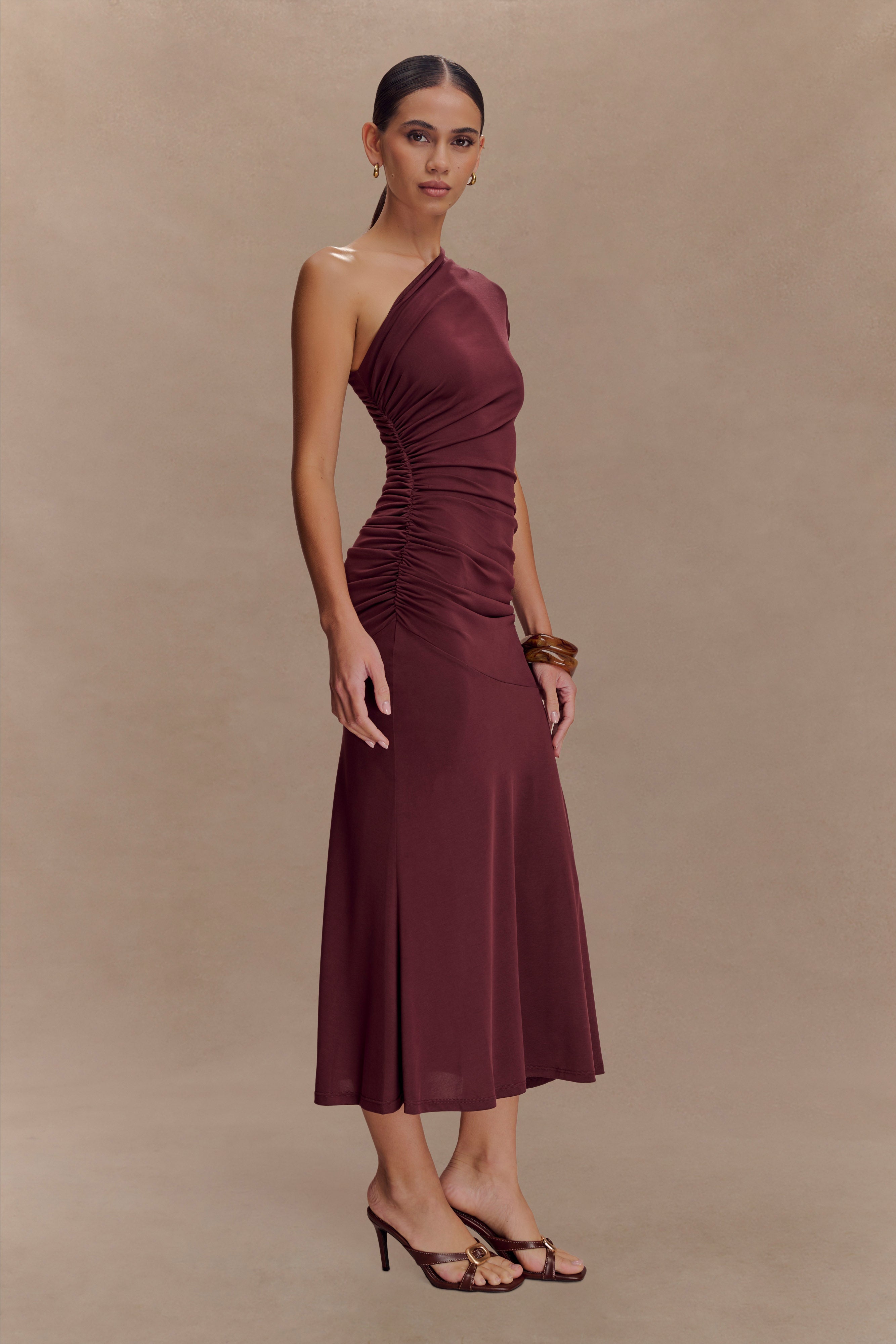 Chloe Peached Jersey One Shoulder Midi Dress - Mahogany