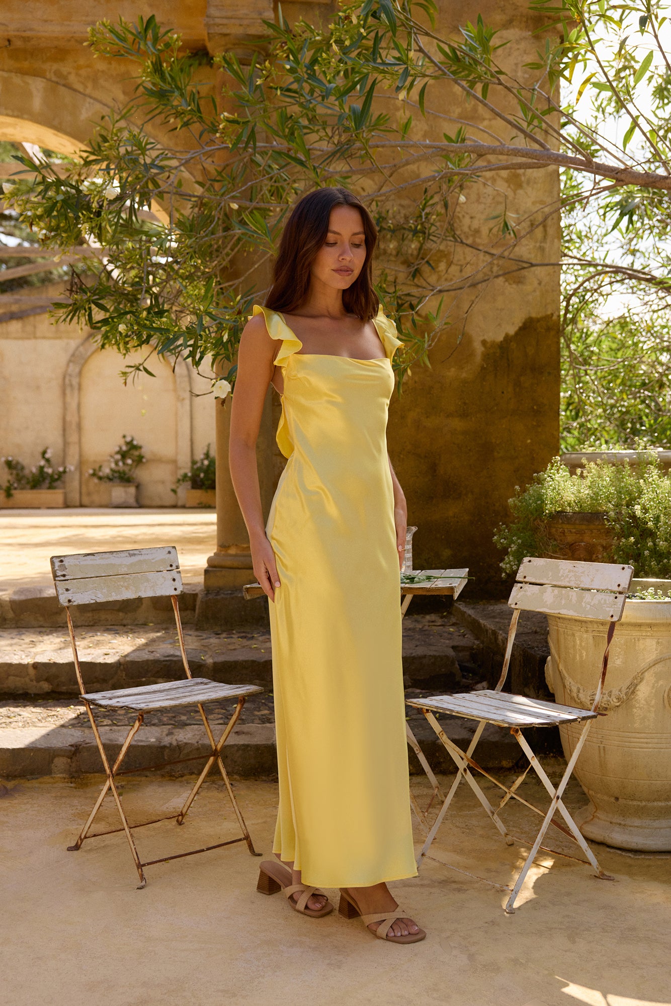 FORTUNATE ONE Belinda Satin Maxi Dress Yellow