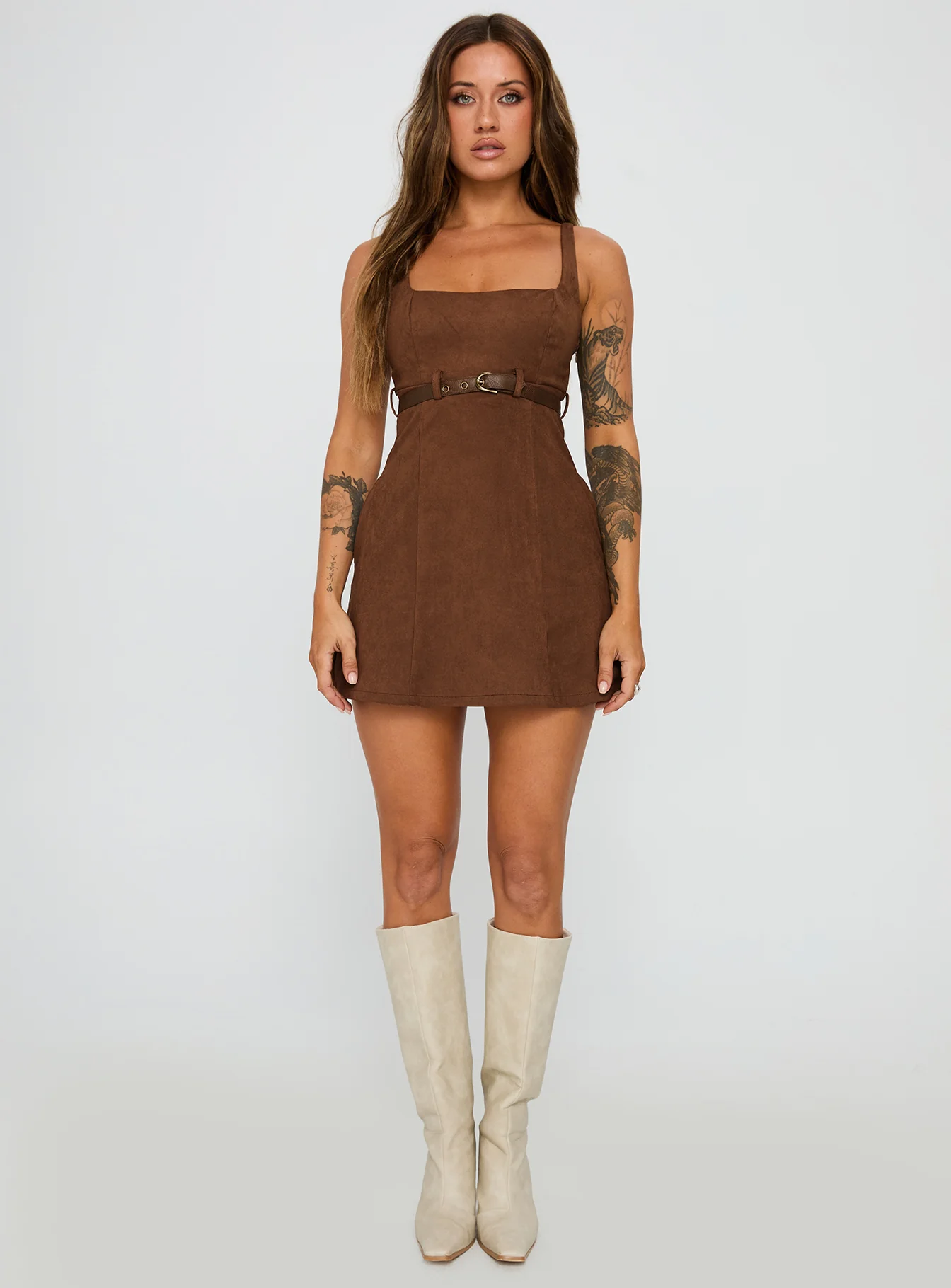 Way Back In Faux Suede Mini Dress Brown