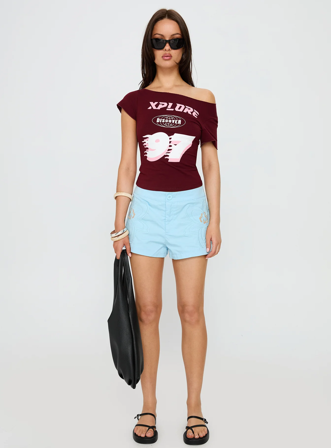 Xplore 97 Off Shoulder Graphic Top Burgundy