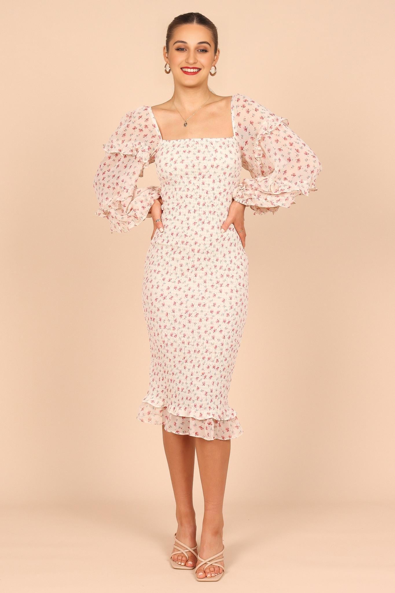 Bonita Shirred Frill Long Sleeve Bodycon Midi Dress - Cream Floral