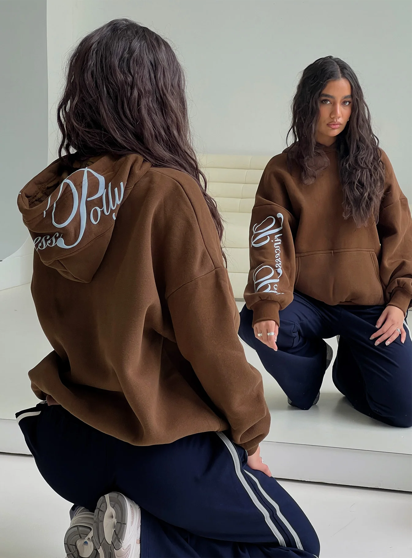 Princess Polly Script Text Graphic Hoodie Brown / Blue