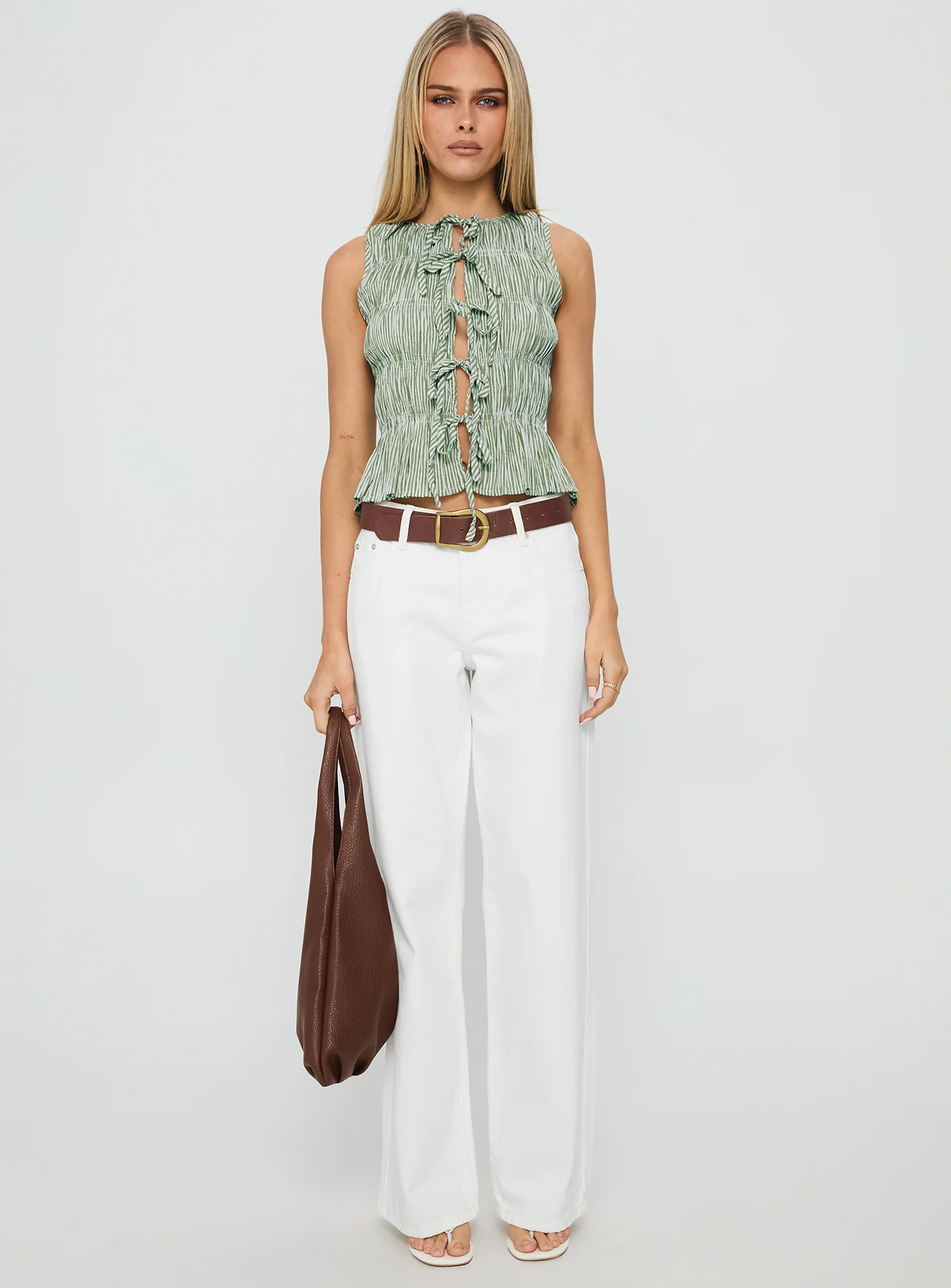 Apero Shirred Tie Front Top Green / White Stripe