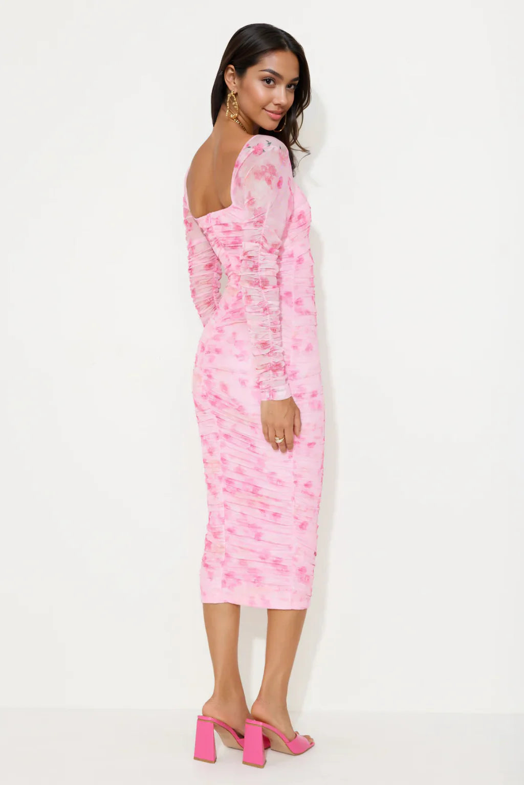 Hey There Gorg Long Sleeve Mesh Midi Dress Pink