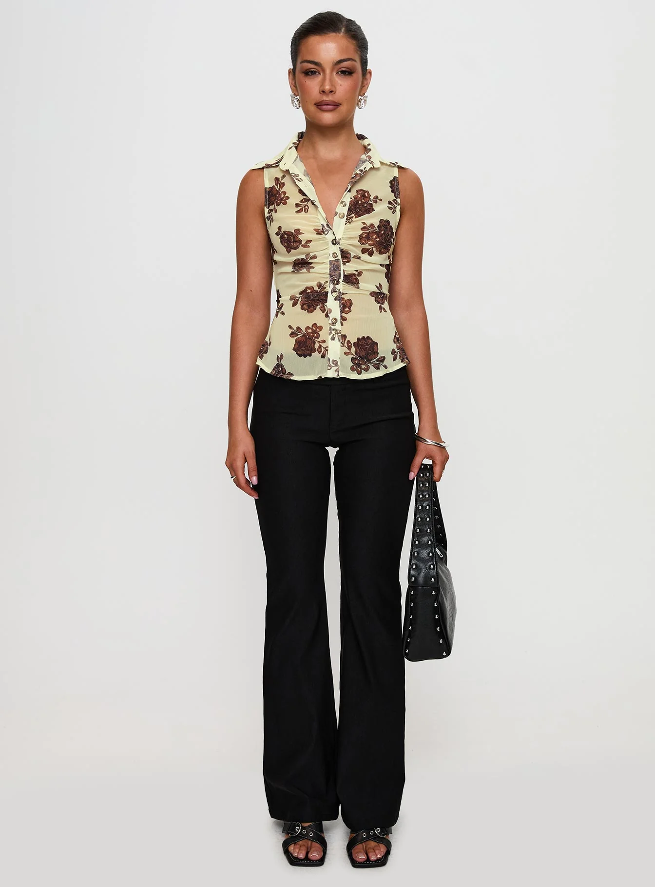 Present Tense Sheer Ruched Top Yellow Floral