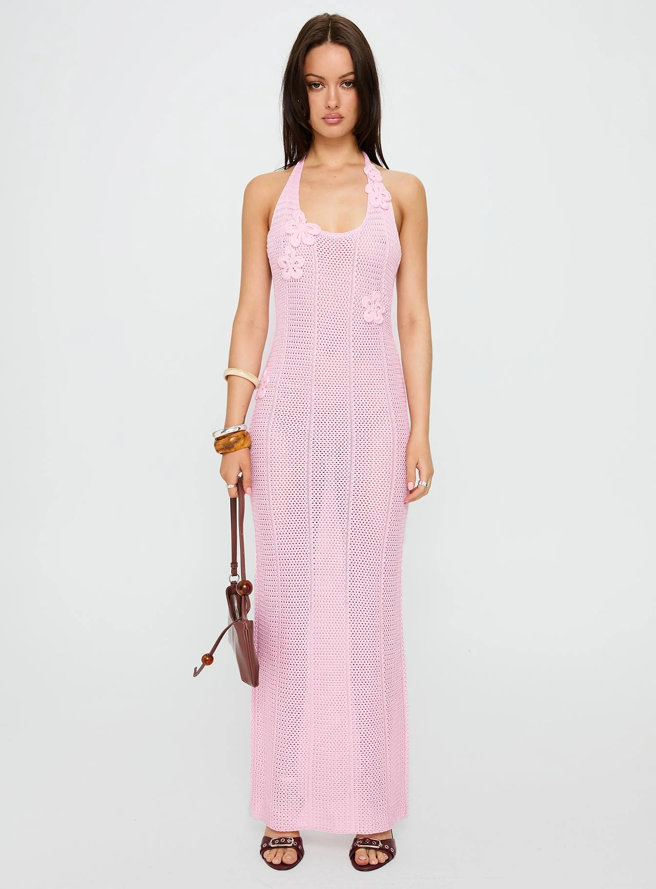 Nalanie Halter Crochet Maxi Dress Pink