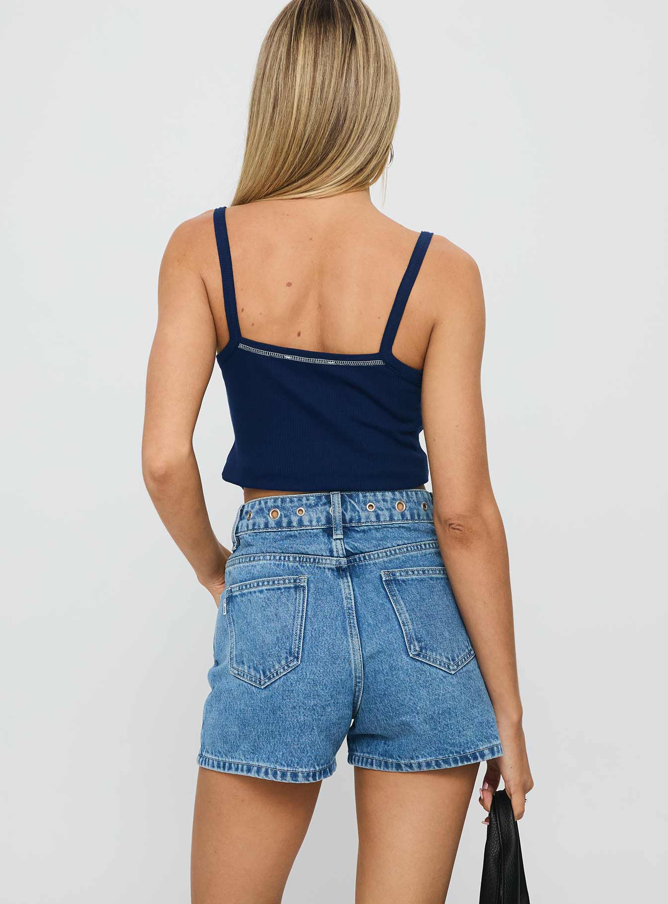 Tropicana Denim Eyelet Detail Shorts Mid Blue