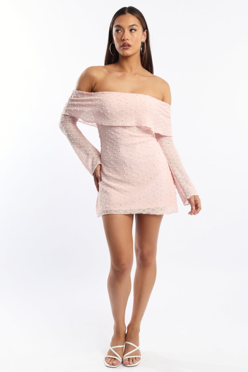 Pink Off Shoulder Dress Long Sleeve