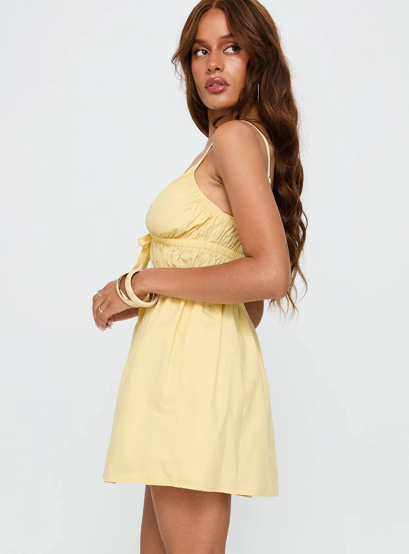 Viviette Ruched Mini Dress Lemon