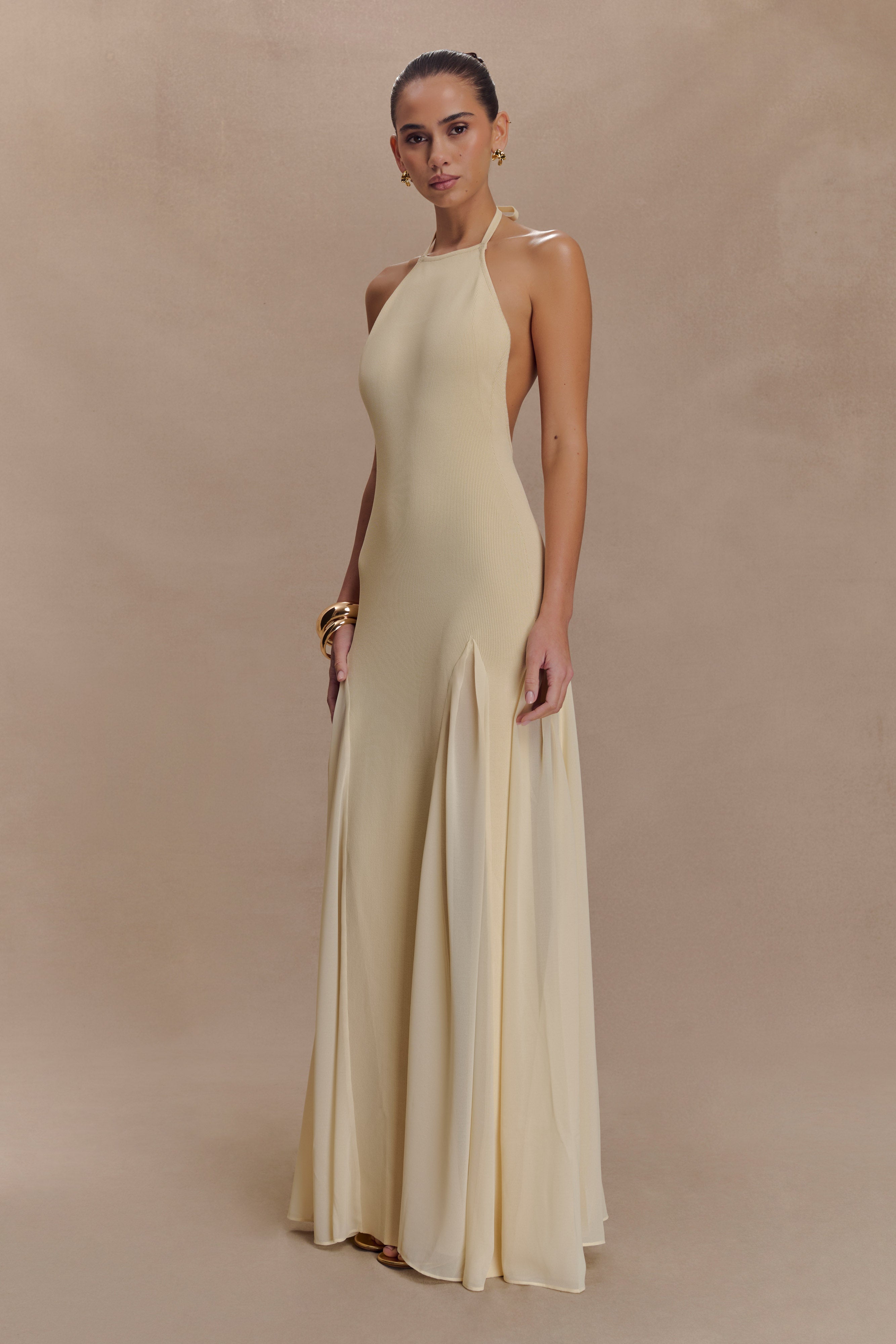 Soleil Knit And Mesh Halter Maxi Dress - Cream
