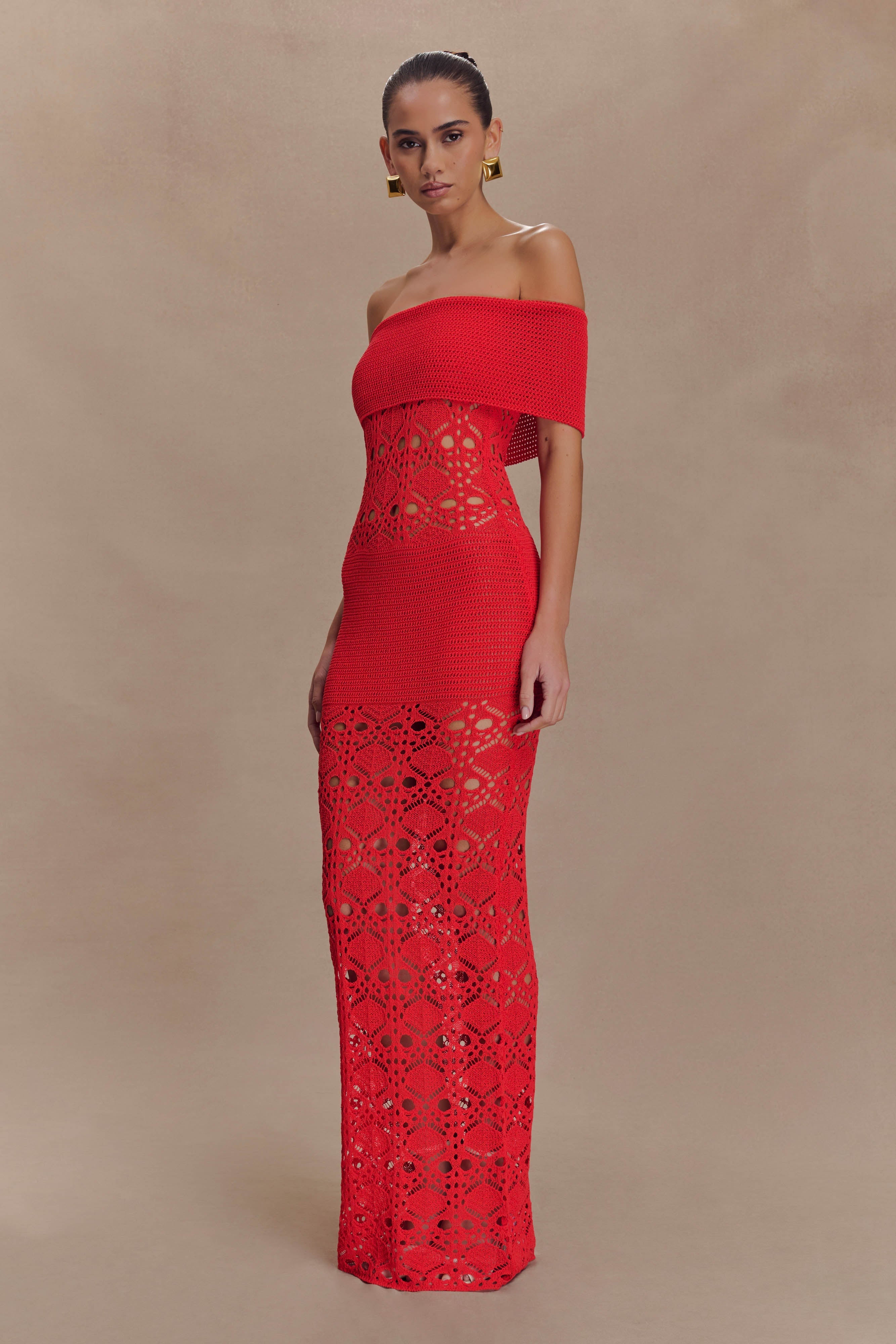 Solstice Off Shoulder Crochet Knit Maxi Dress - Blood Orange