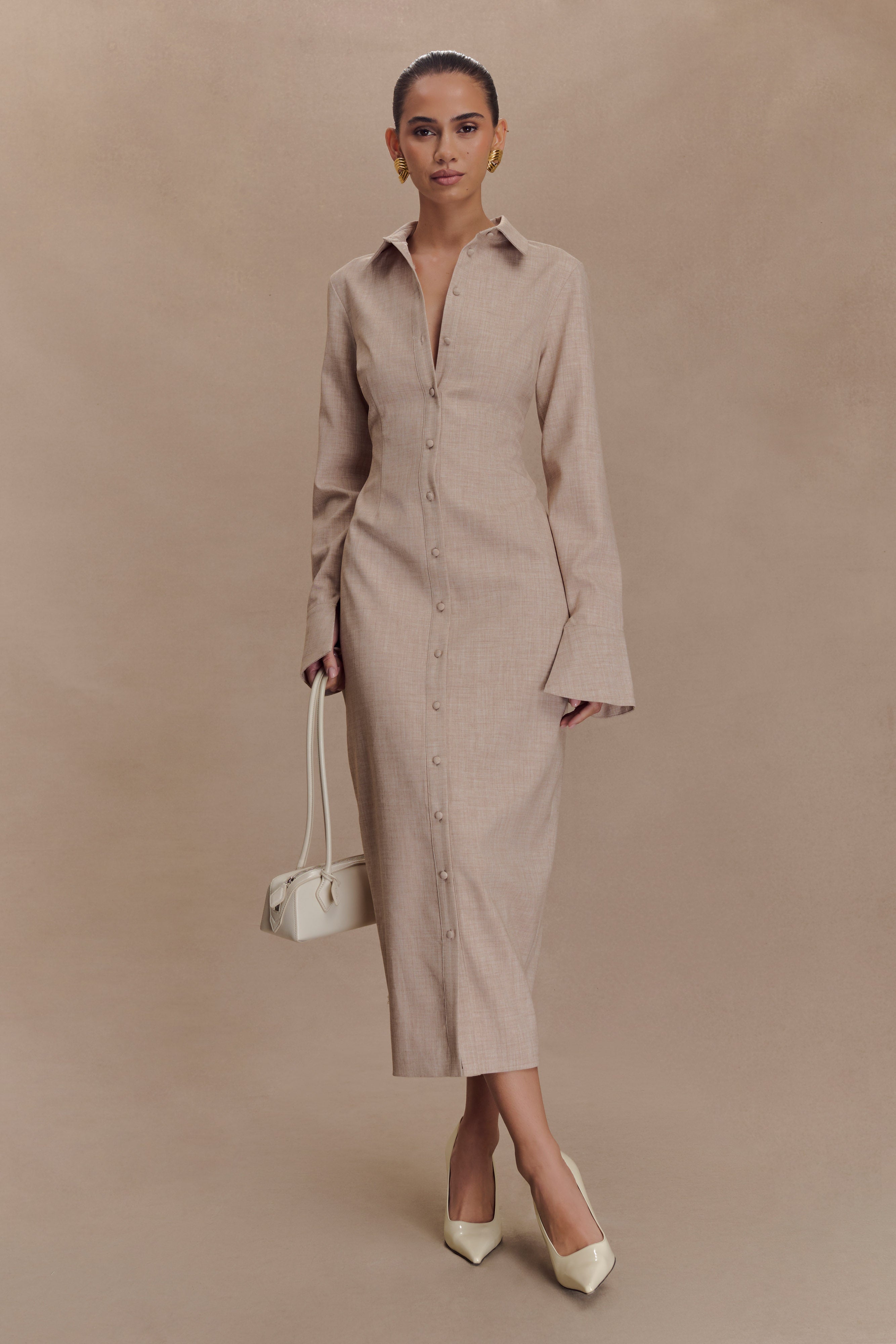 Dorian Fitted Shirt Midi Dress - Wheat Marle