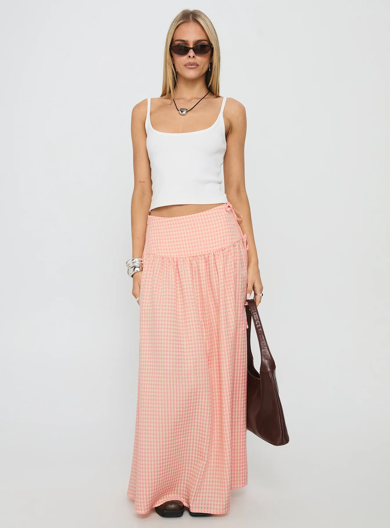 Analeah Tie Side Midi Skirt Orange Check