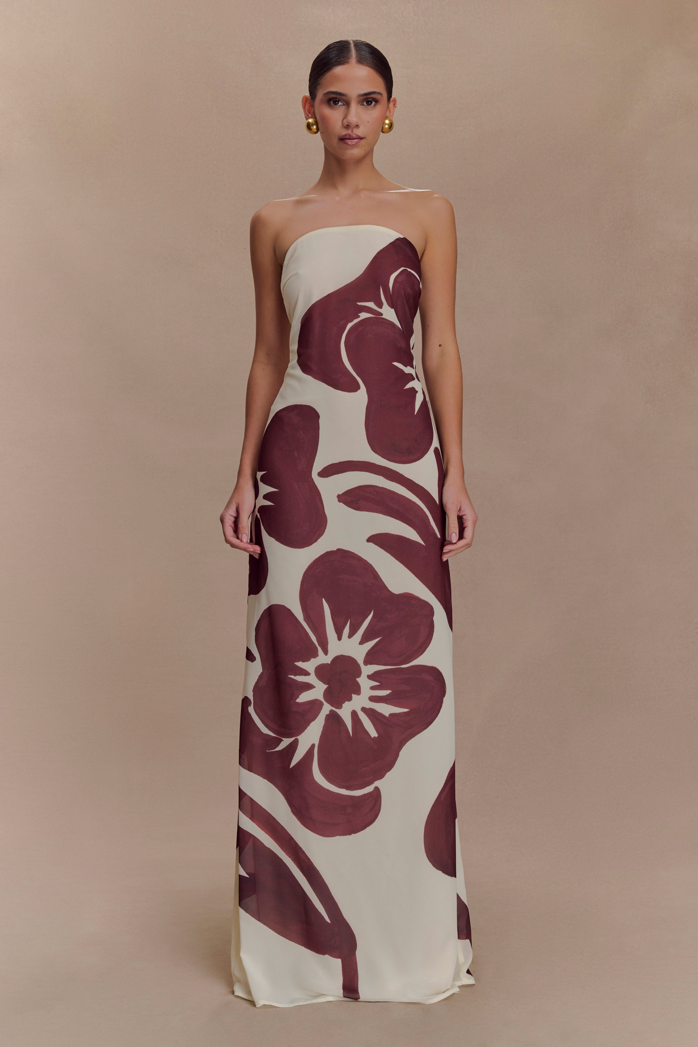 Amaya Strapless Chiffon Maxi Dress - Chocolate Deco Fleur Print