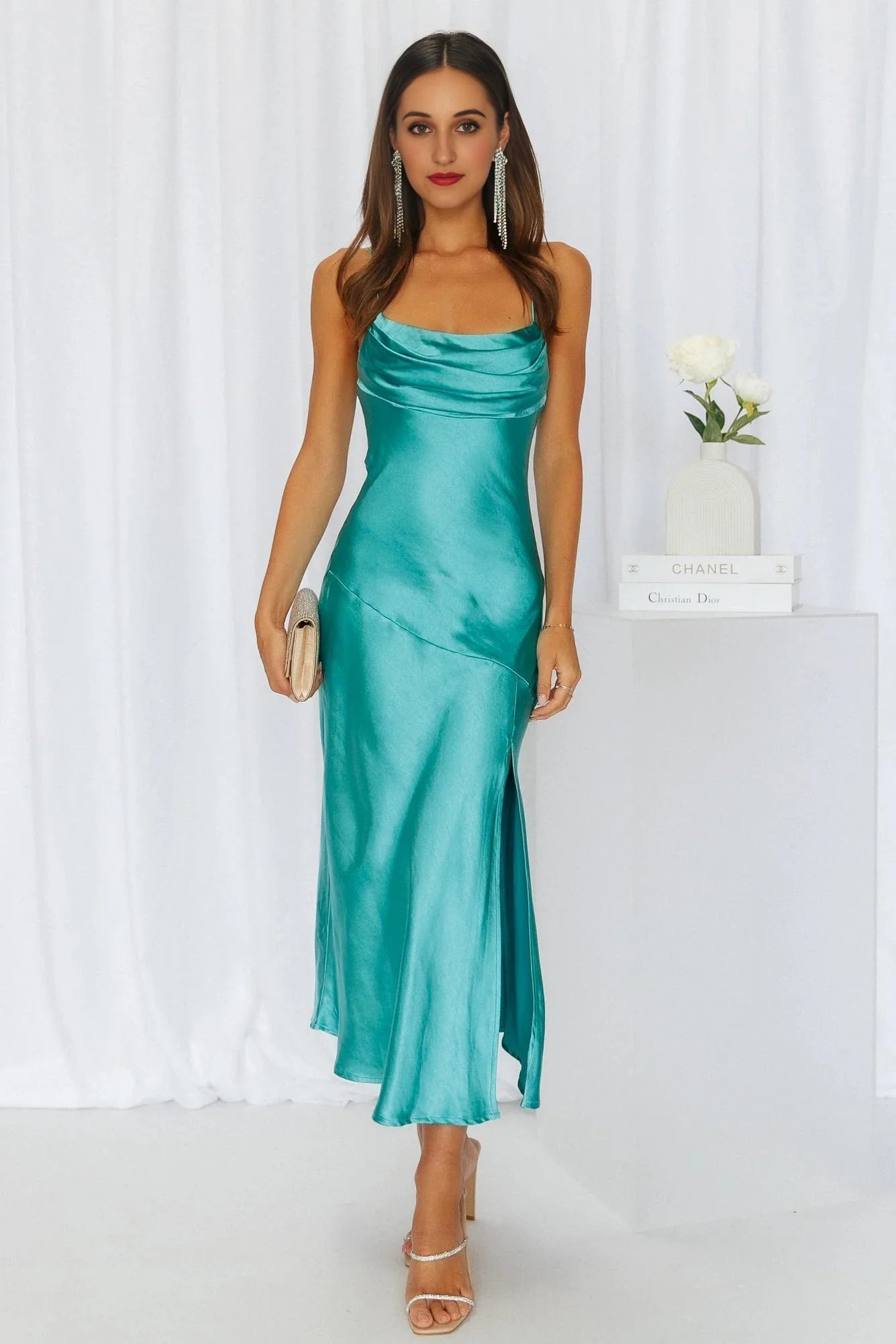 Lychee Martini Satin Midi Dress Aqua