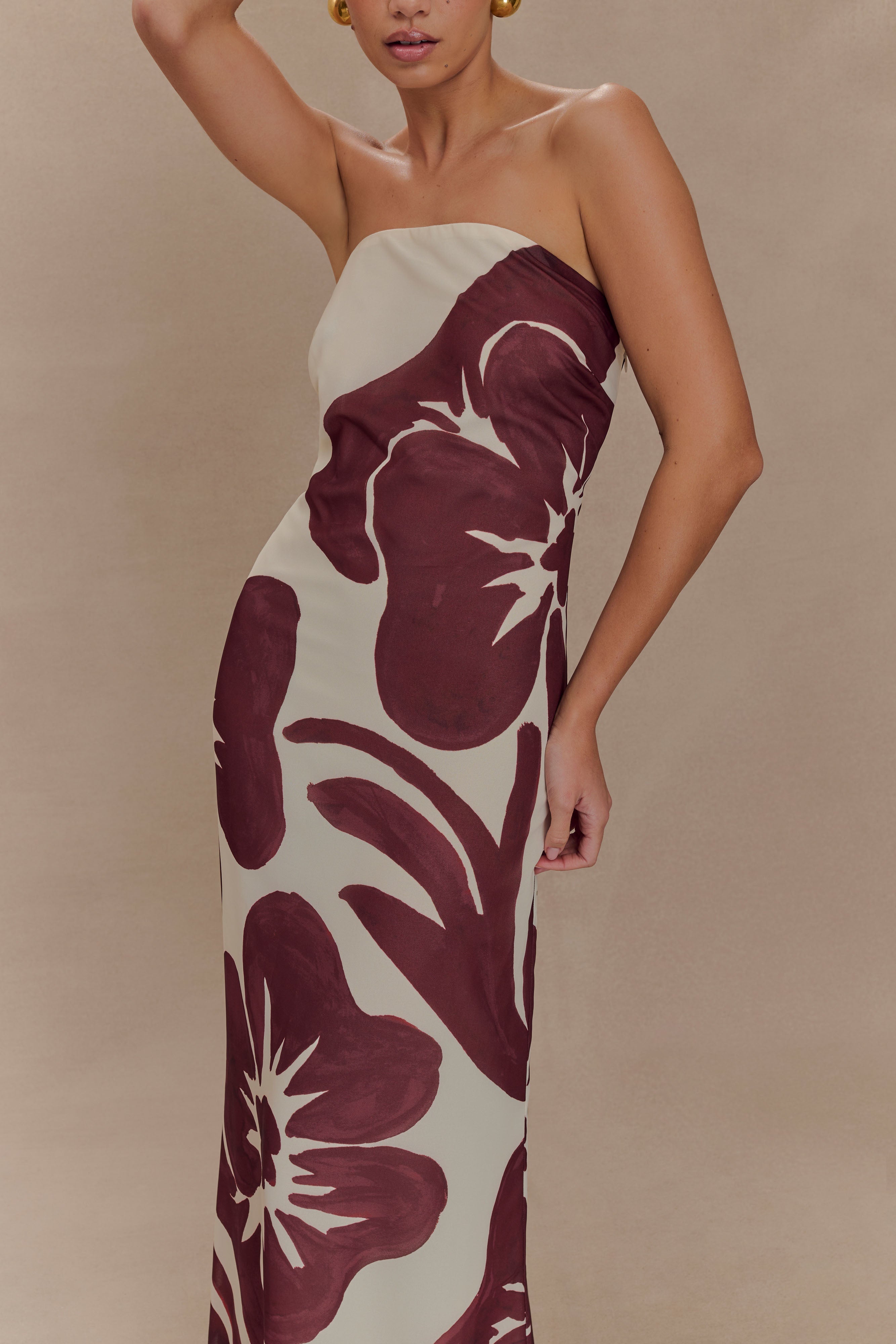 Amaya Strapless Chiffon Maxi Dress - Chocolate Deco Fleur Print