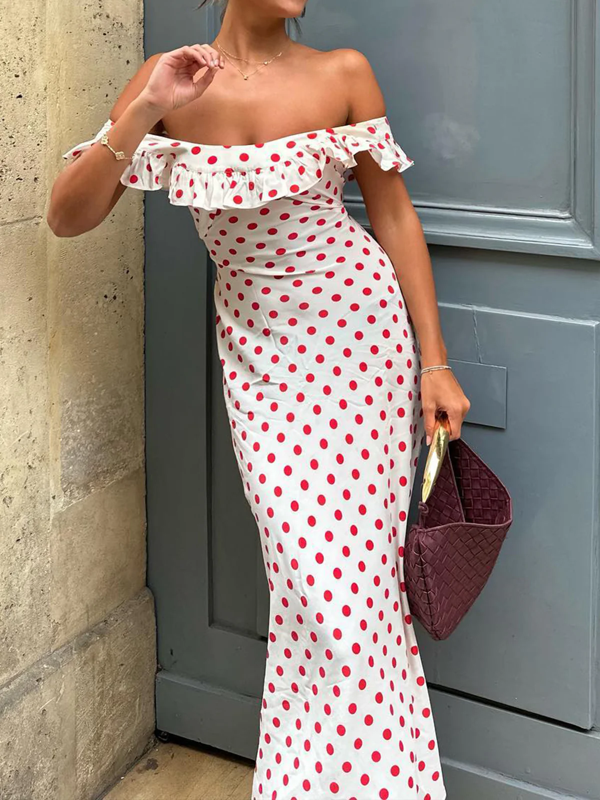 Semi-Sheer Polka Dot Ruffle Hem Off-Shoulder Long Dress